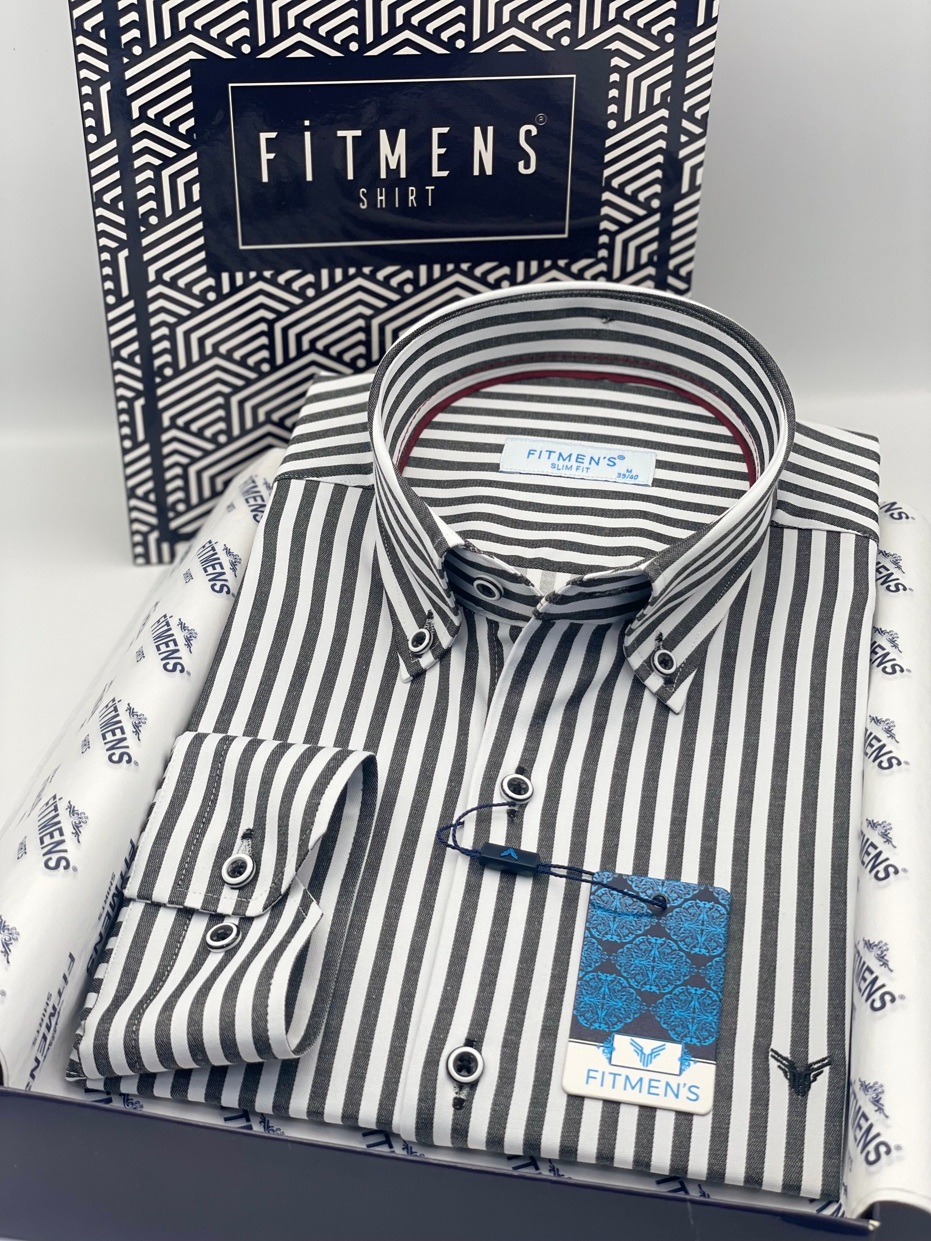 Slim Fit Uzun Kol Likralı Çizgili Yaka Düğmeli Hediye Kutulu Erkek Gömlek FS-003669 - Koyu Gri