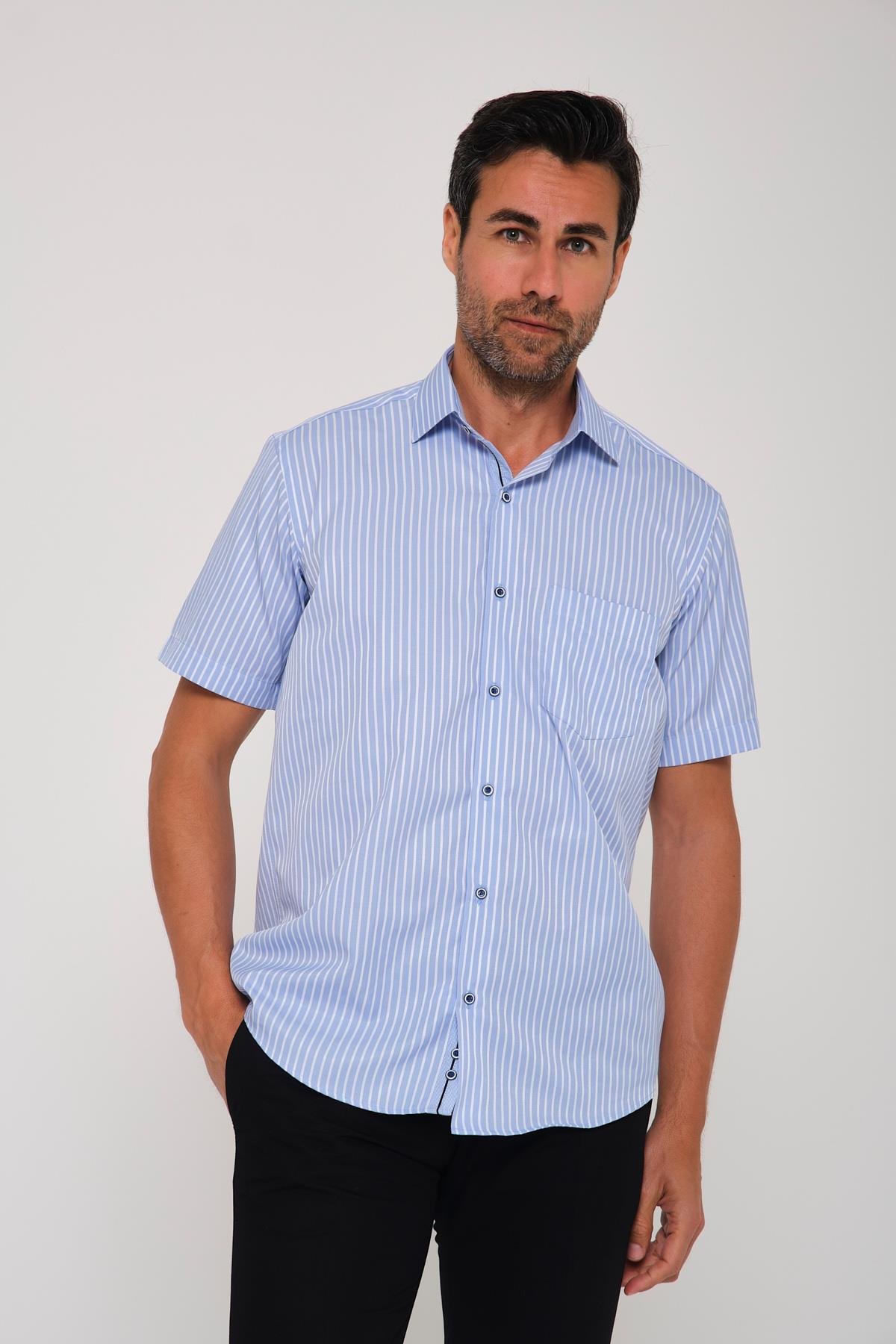 Klasik Kısa Kol Kalın Çizgili Hediye Kutulu Erkek Gömlek FS-000702 - Açık Mavi