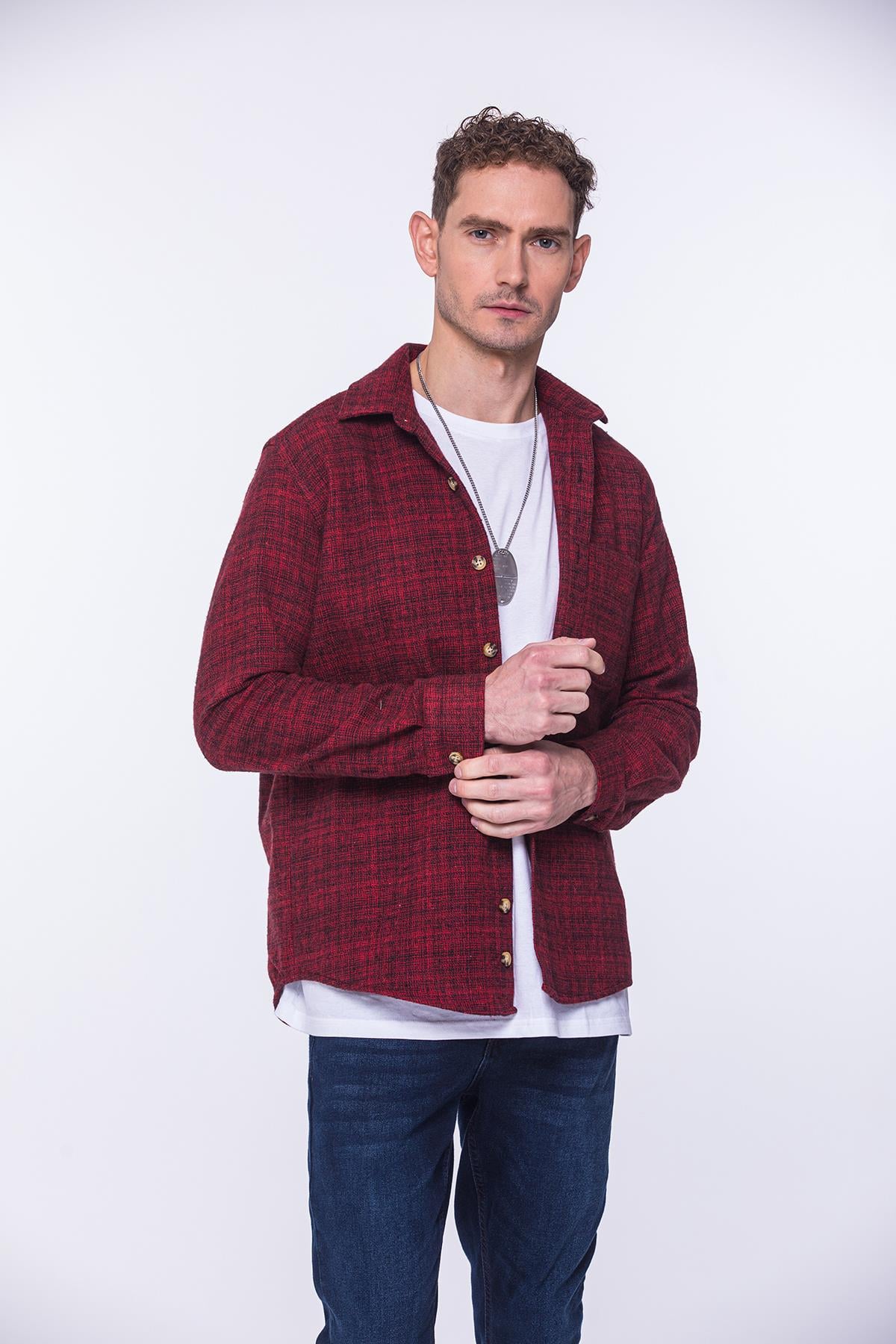 Oversize Oduncu Yumuşak Dokulu %100 Cotton Hediye Kutulu Erkek Gömlek FS-002168 - Kırmızı