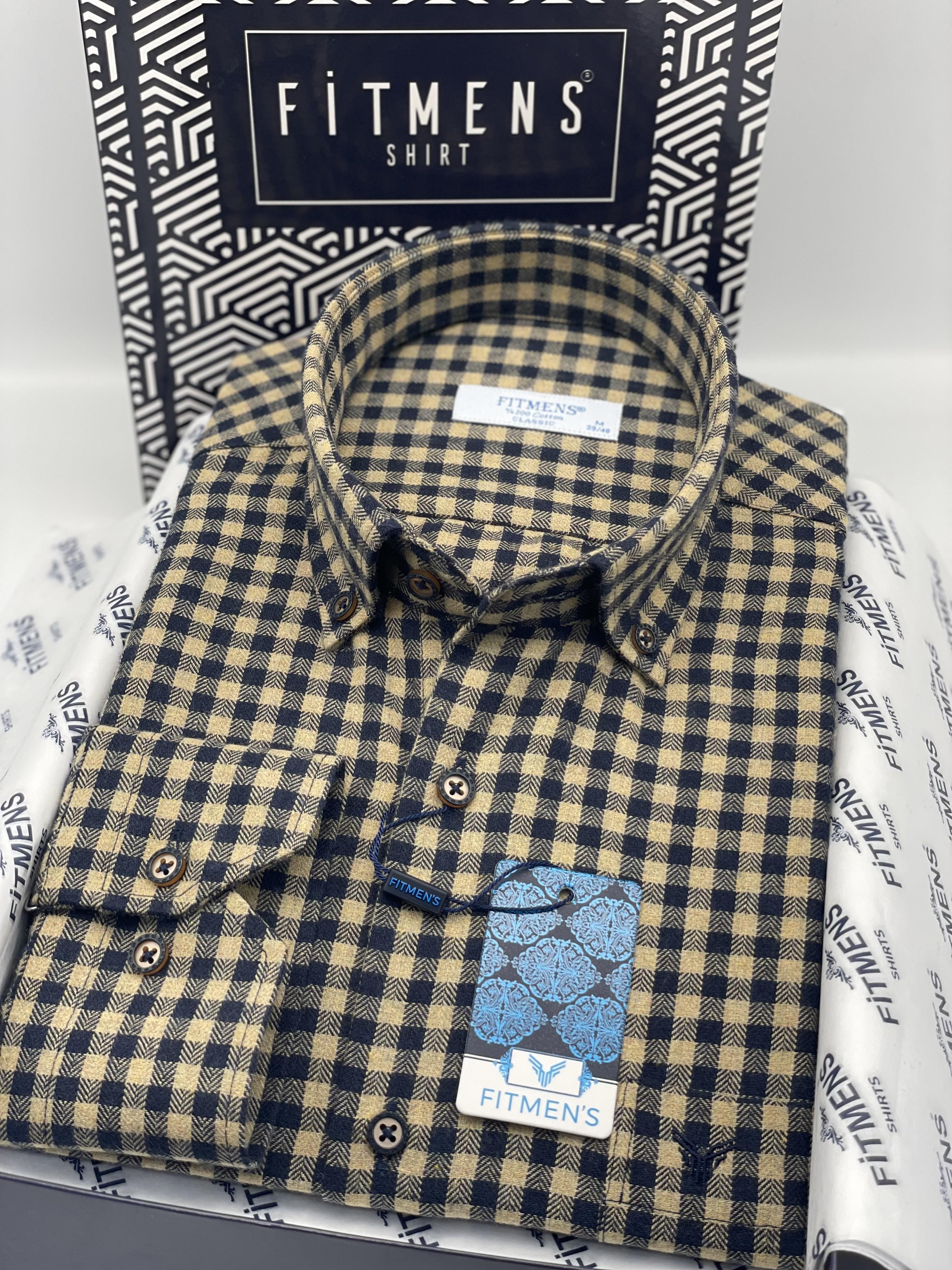 Klasik Uzun Kol Kışlık %100 Cotton Kareli Yaka Düğmeli Pamuklu Hediye Kutulu Erkek Gömlek FS-003128 - Kahverengi