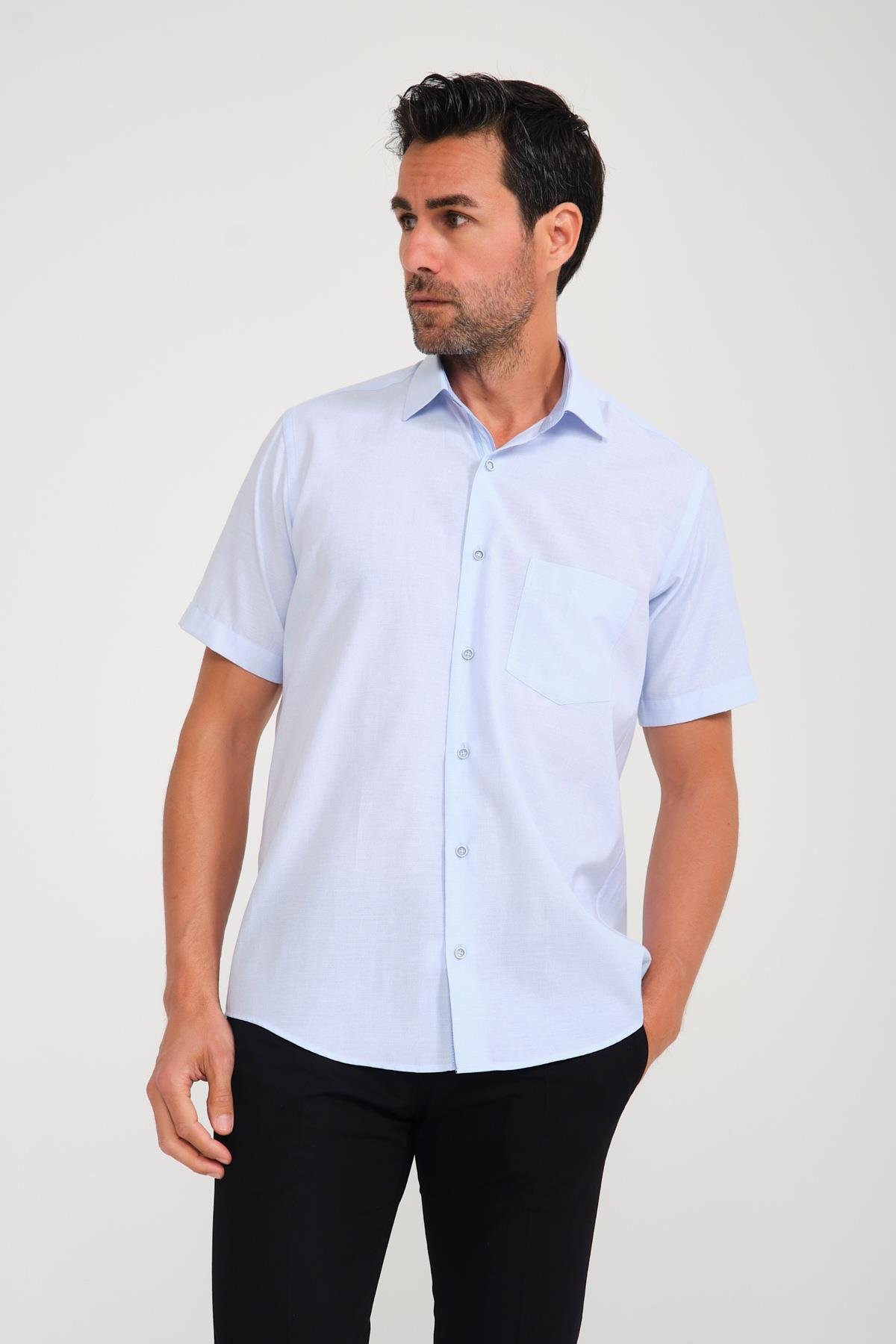 Klasik Kısa Kol Keten Cotton Garneli Hediye Kutulu Erkek Gömlek FS-000748 - Açık Mavi