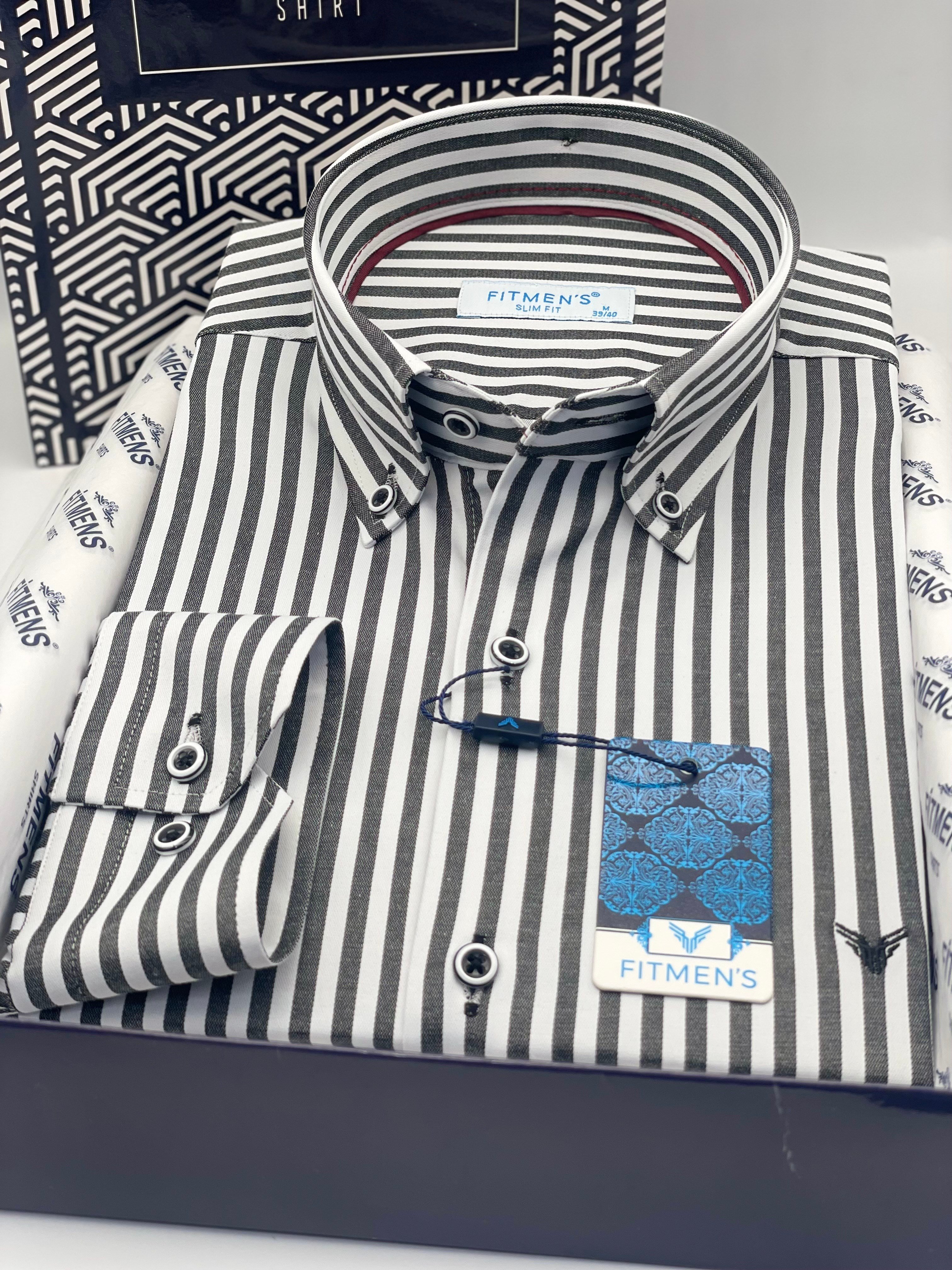 Slim Fit Uzun Kol Likralı Çizgili Yaka Düğmeli Hediye Kutulu Erkek Gömlek FS-003669 - Koyu Gri