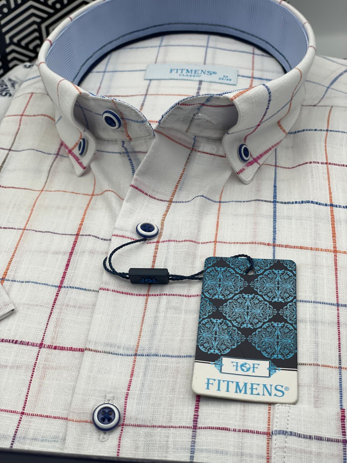Klasik Kısa Kol Kareli Keten Cotton Yaka Düğmeli Hediye Kutulu Erkek Gömlek FS-003573 - Beyaz Turkuaz