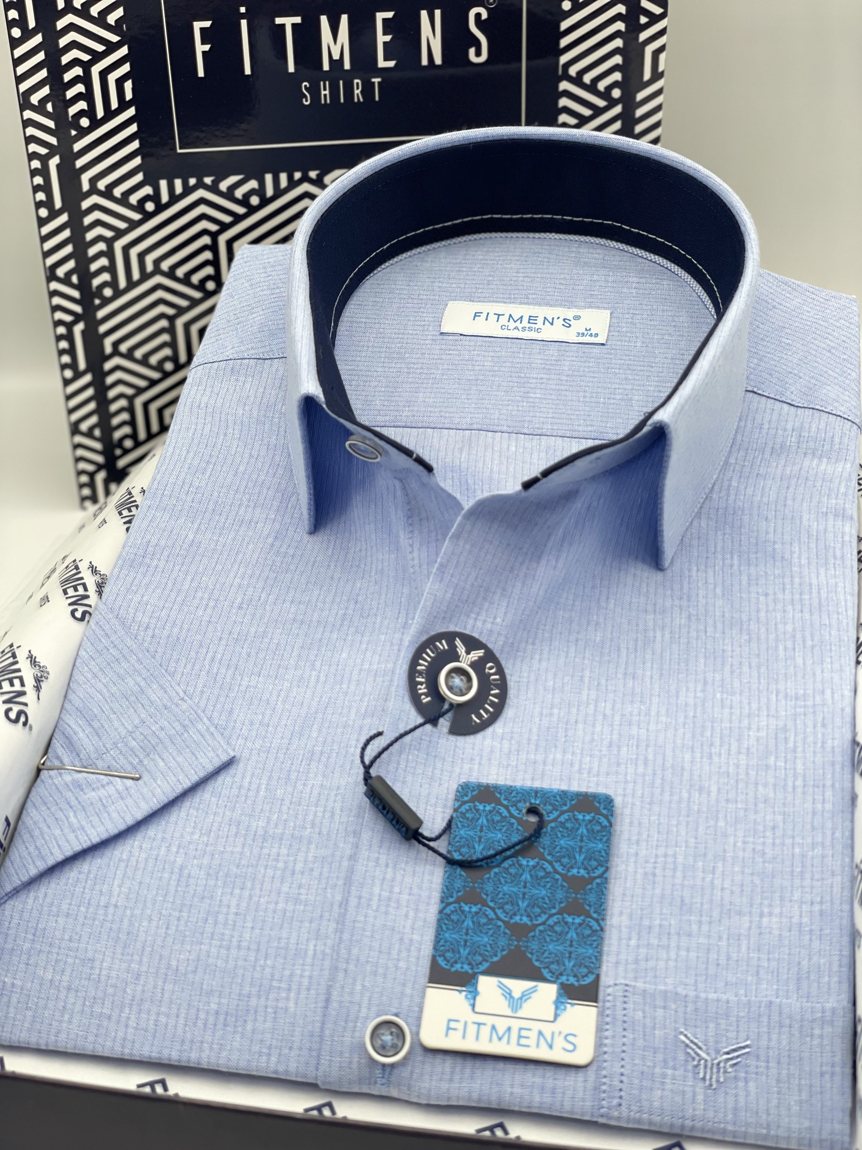 Klasik Kısa Kol Keten Cotton Hediye Kutulu Erkek Gömlek FS-003624 - Mavi