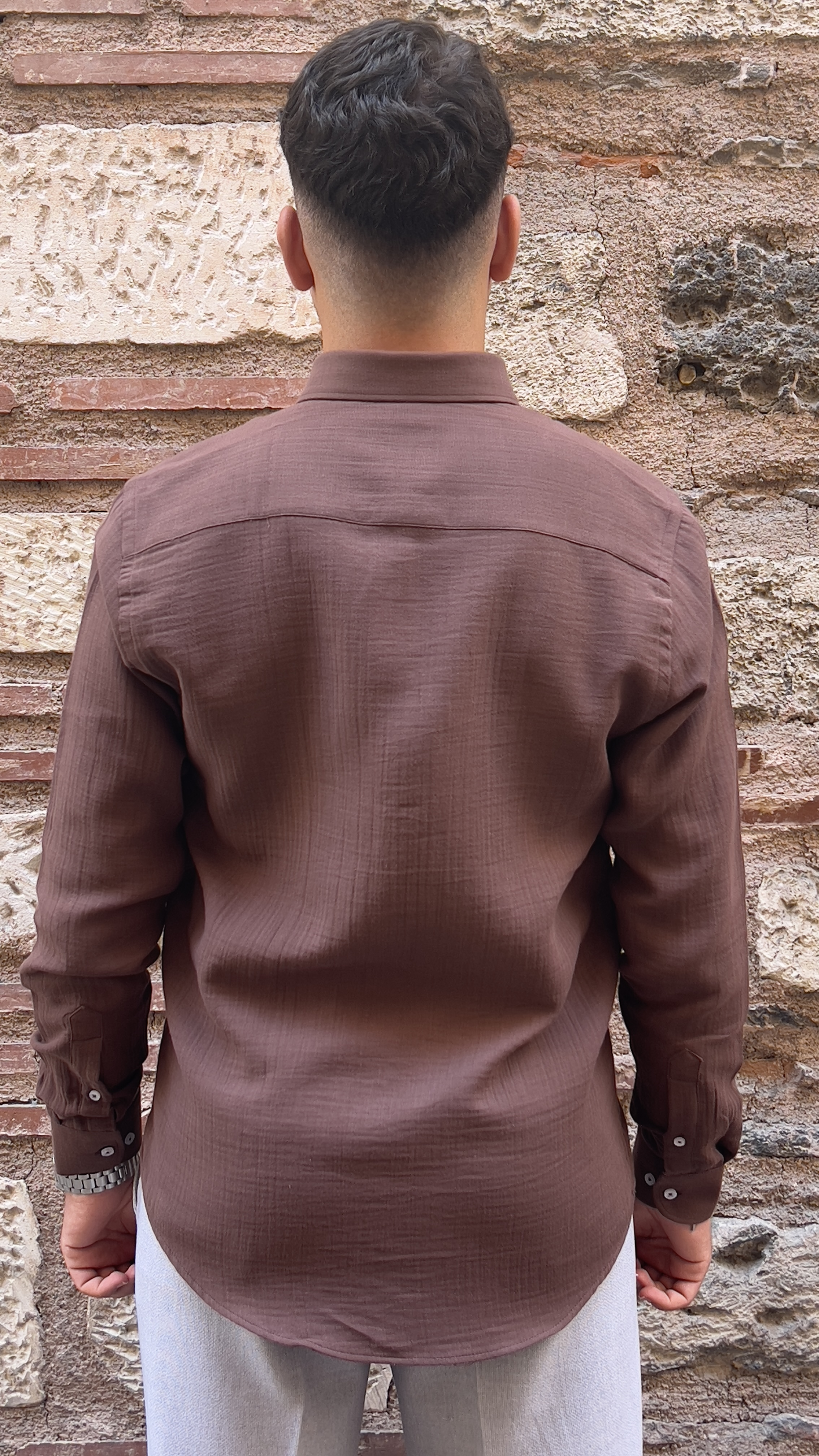 Slim Fit Uzun Kol Müslin Pamuk Rahat Nefes Alabilen Kumaştan Yaka Düğmeli Hediye Kutulu Erkek Gömlek FS-004202 - Kahverengi