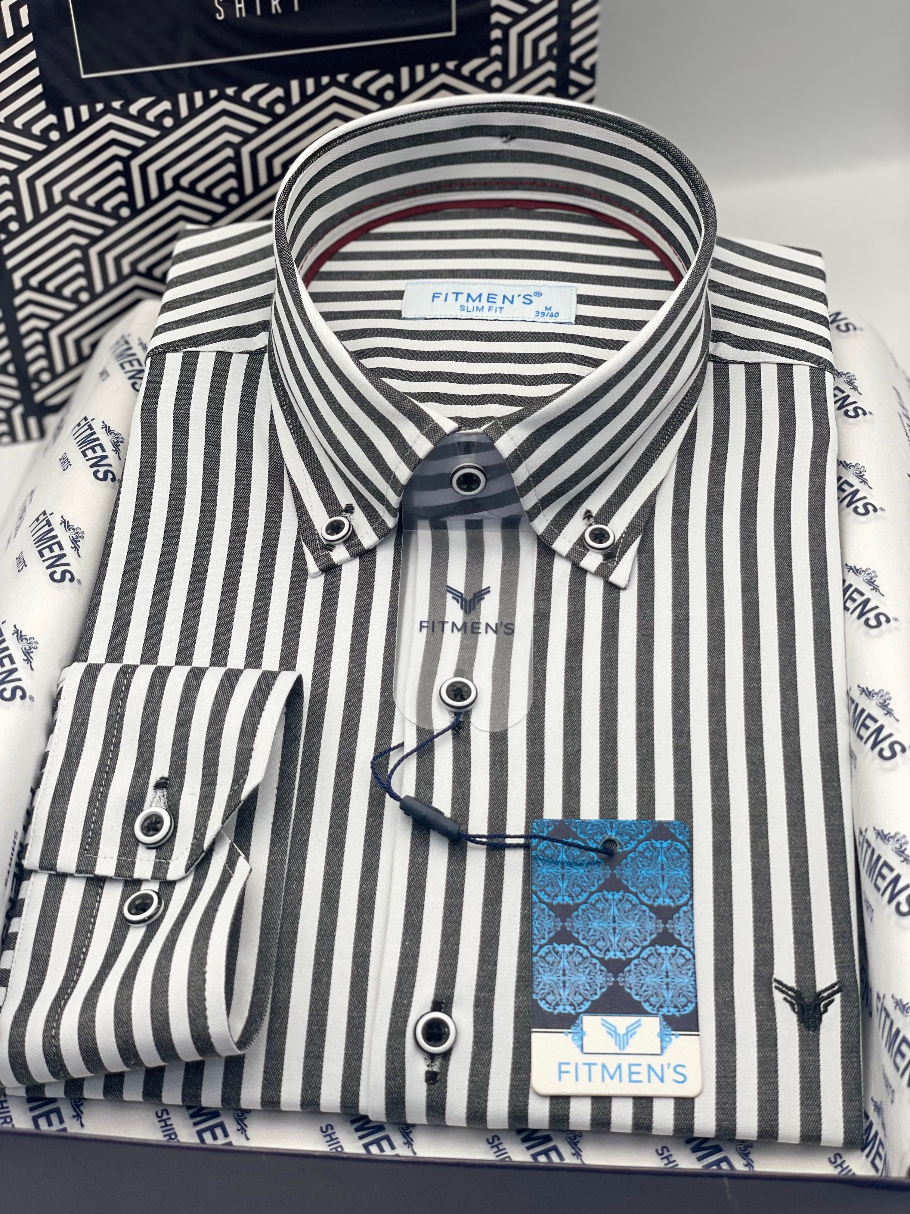 Slim Fit Uzun Kol Likralı Çizgili Yaka Düğmeli Hediye Kutulu Erkek Gömlek FS-003669 - Koyu Gri