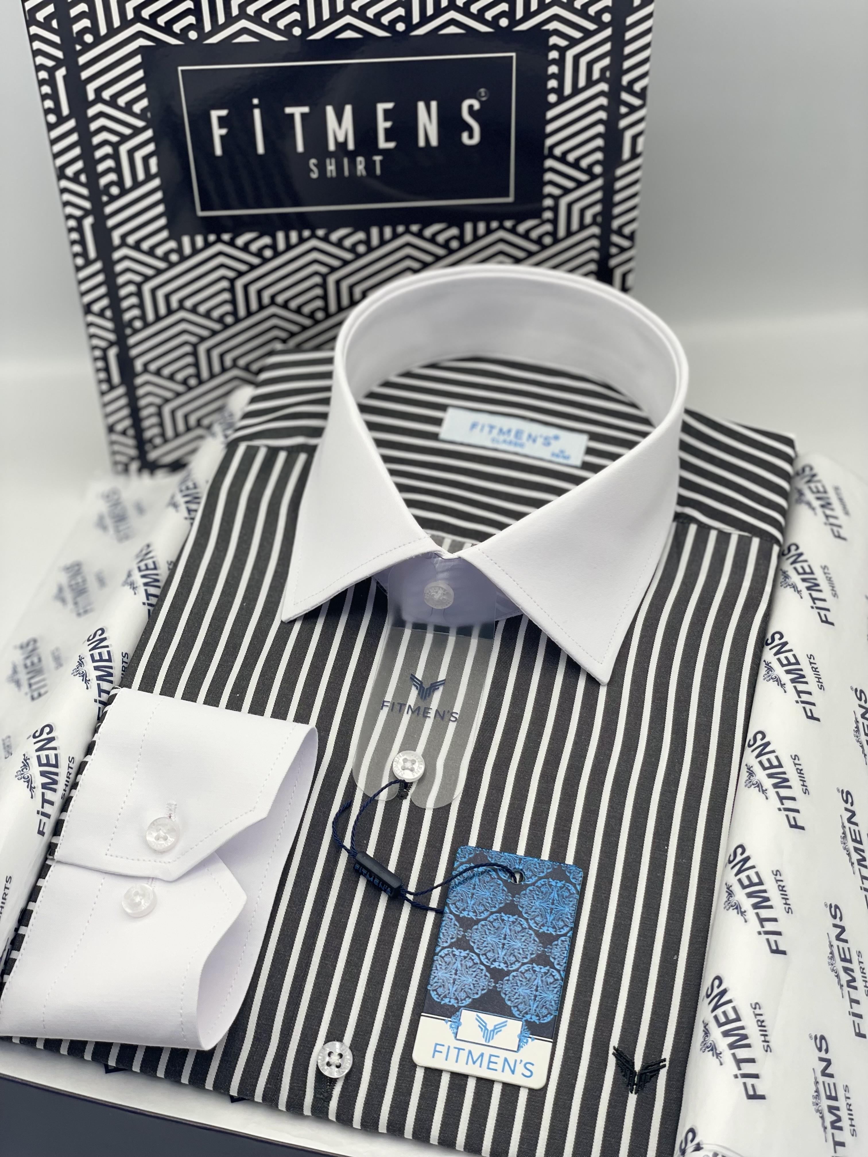 Klasik Uzun Kol Cepsiz Yaka Manşet Beyaz Hediye Kutulu Erkek Gömlek FS-004328 - Siyah Beyaz