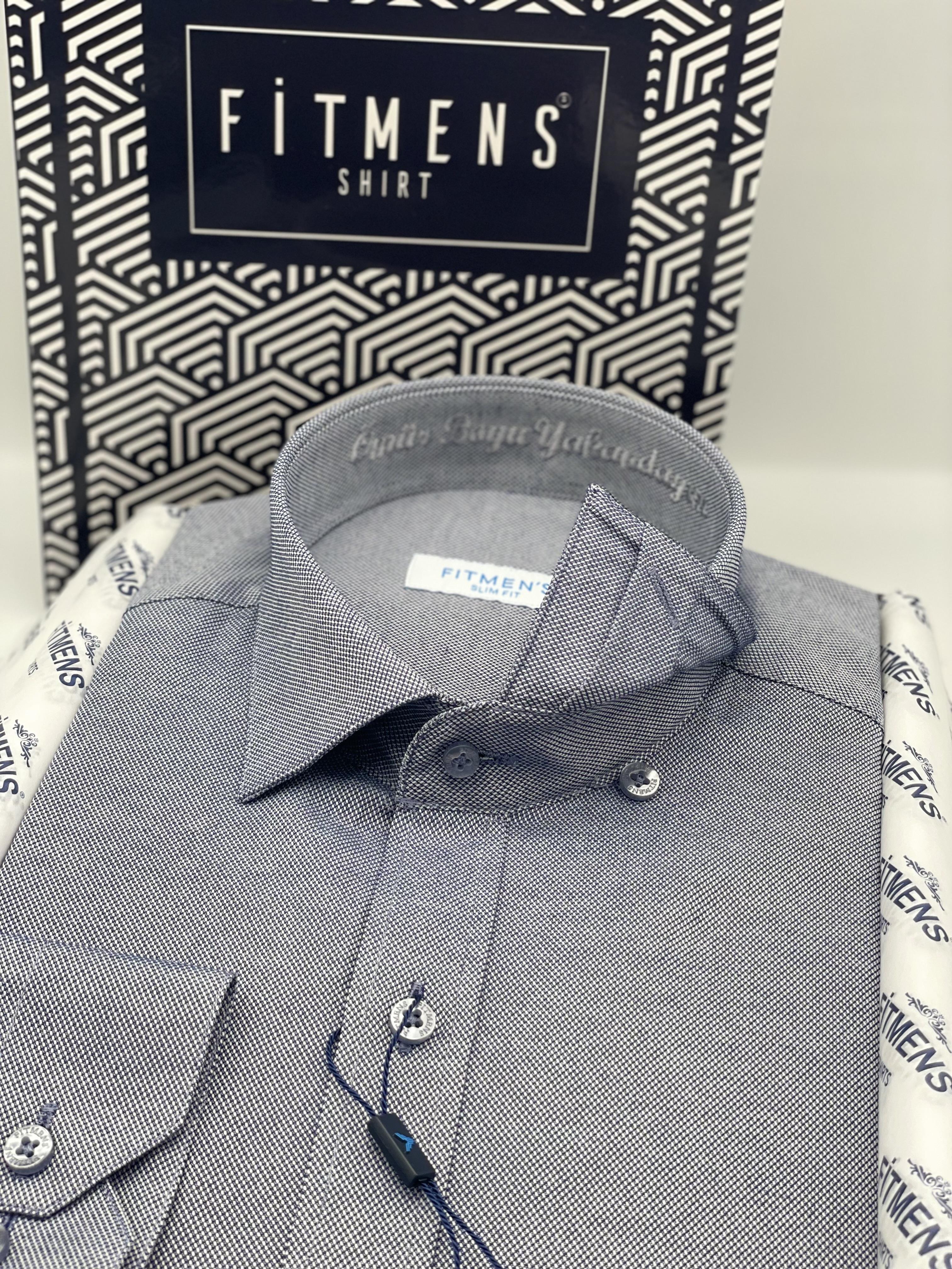 Slim Fit Uzun Kol Ömür Boyu Yakandayım Nakışlı Hediye Kutulu Erkek Gömlek FS-001376 - Lacivert Beyaz