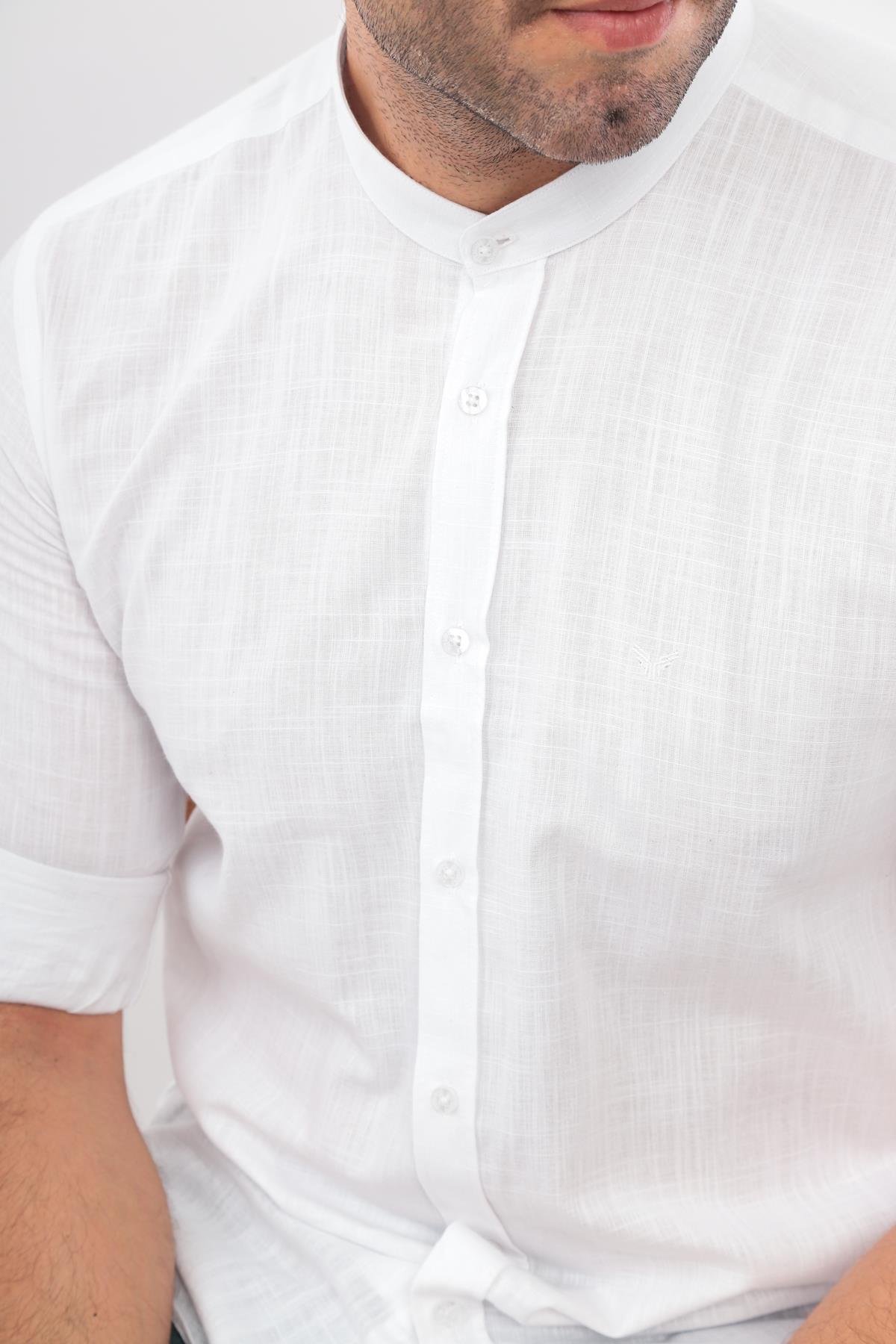 Hakim Yaka Slim Fit Keten Hediye Kutulu Erkek Gömlek FS-003042 - Beyaz