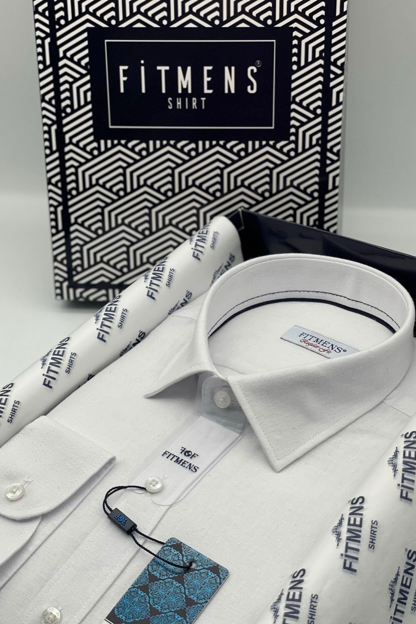 Regular Fit Uzun Kol Keten Cepsiz Hediye Kutulu Erkek Gömlek FS-001578 - Beyaz