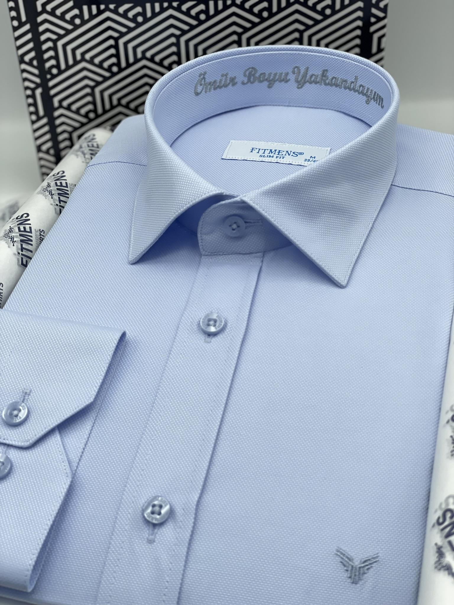 Slim Fit Uzun Kol Ömür Boyu Yakandayım Nakışlı Hediye Kutulu Erkek Gömlek FS-001376 - Mavi