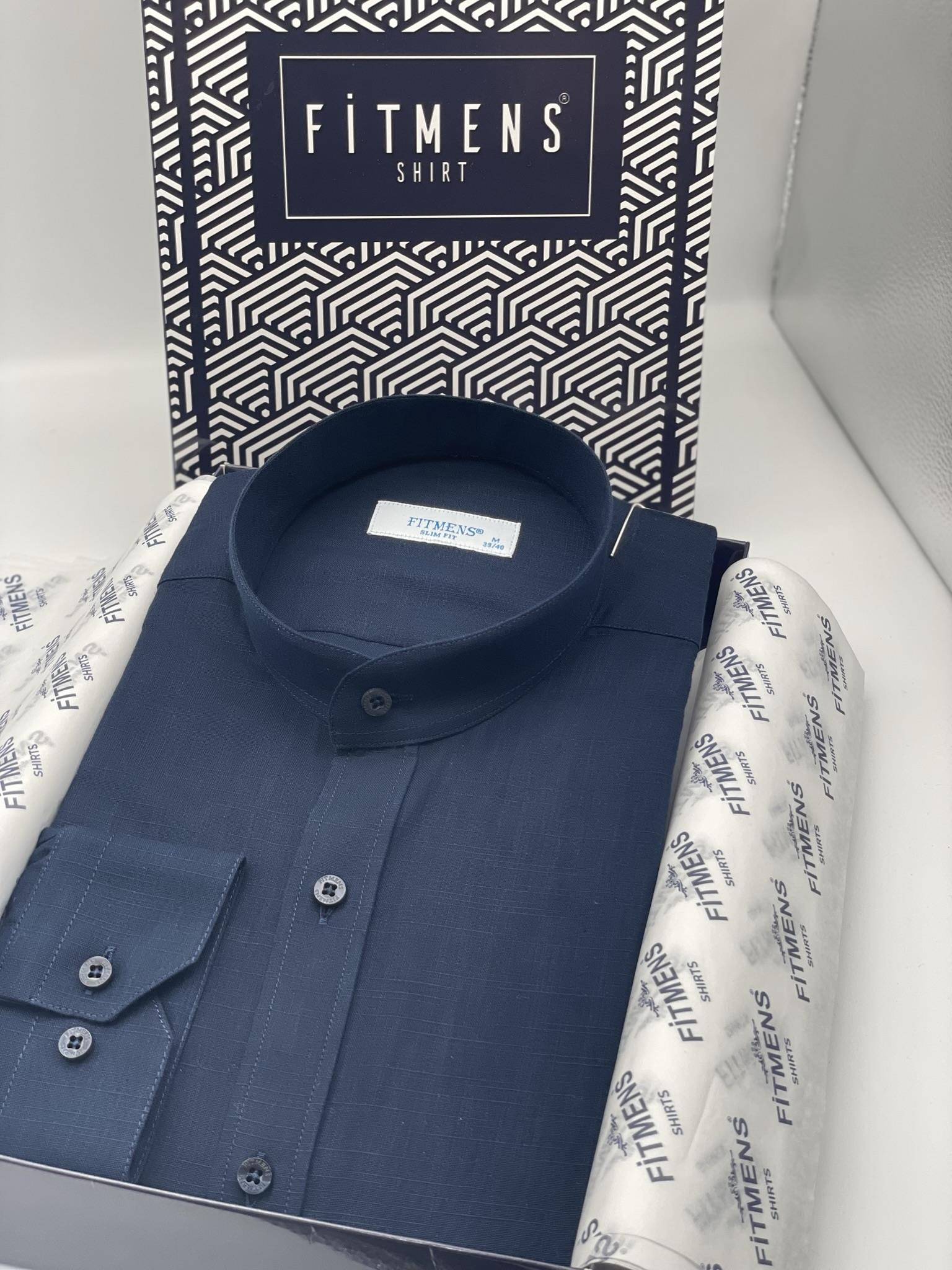 Hakim Yaka Slim Fit Keten Hediye Kutulu Erkek Gömlek FS-003042 - Lacivert