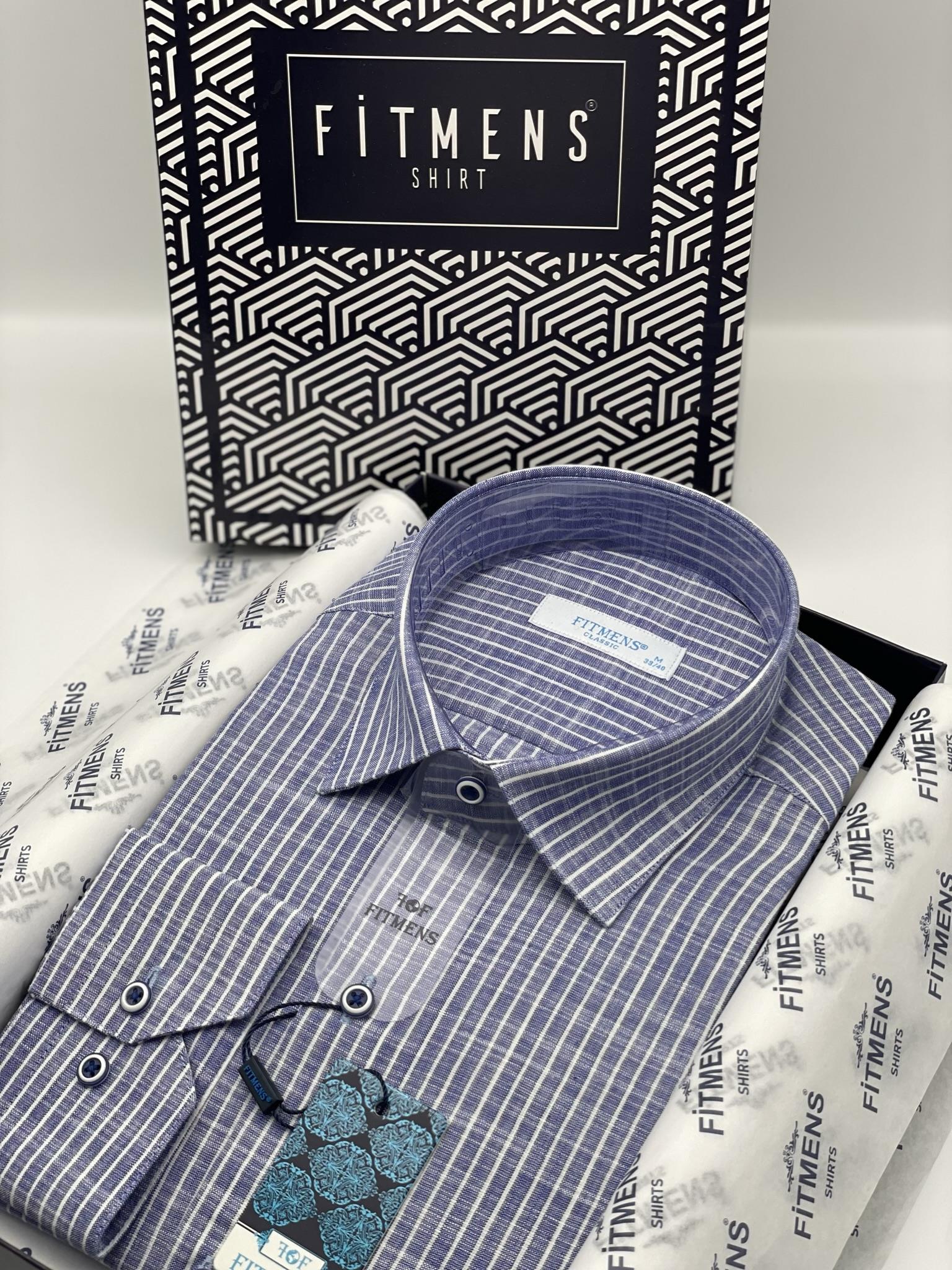 Klasik Uzun Kol Çizgili Keten Cotton Cepsiz Yaka Düğmeli Erkek Hediye Kutulu Gömlek FS-003169 - Saks Mavi