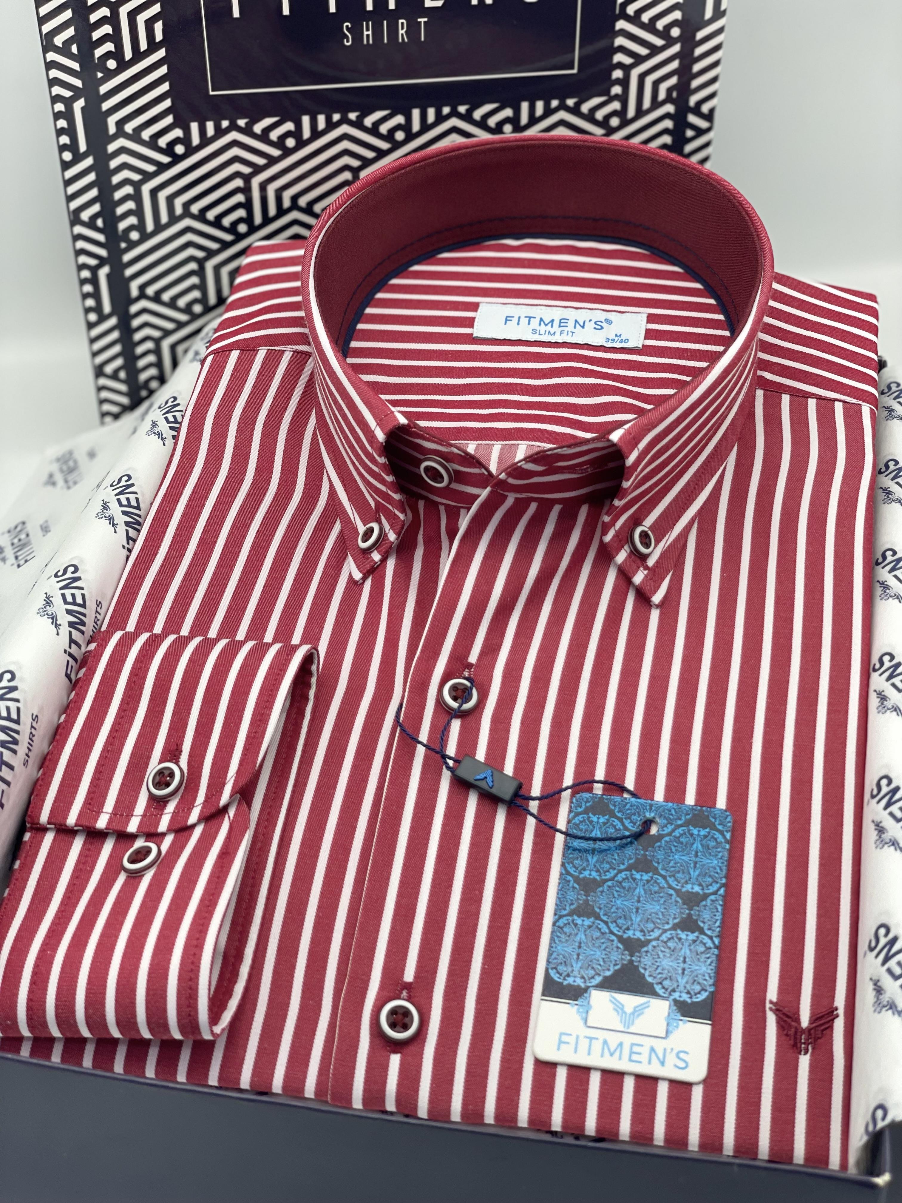 Slim Fit Uzun Kol Premium Kalın Çizgili Yaka Düğmeli Hediye Kutulu Kolay Ütülenebilir Erkek Gömlek FS-001375 - Bordo