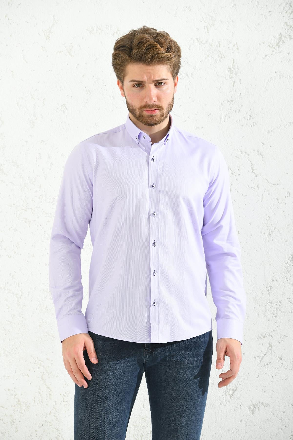 Slim Fit Uzun Kol Oxford Hediye Kutulu Kolay Ütülenebilir Erkek Gömlek - Lila
