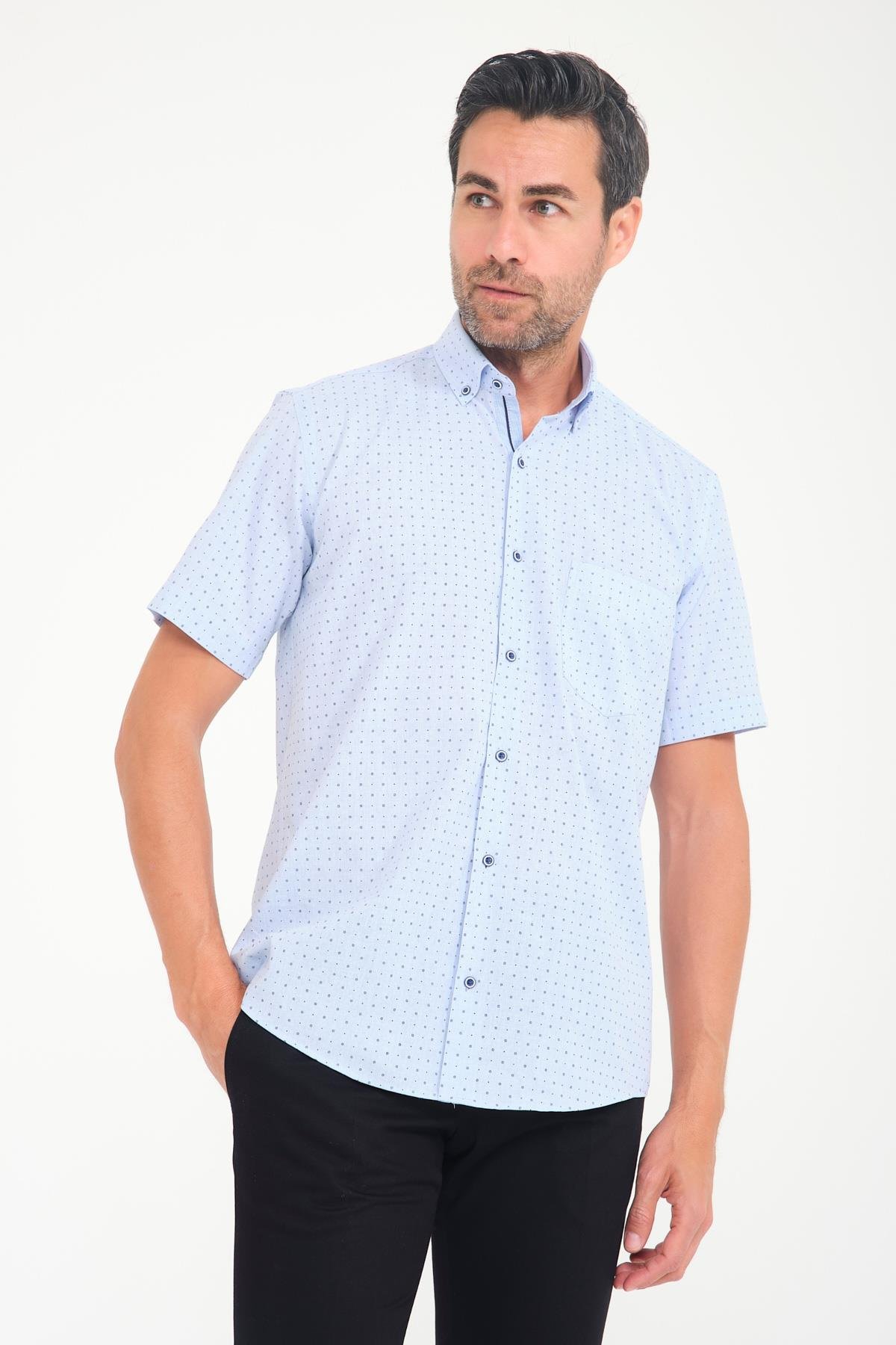 Klasik Kısa Kol Çarpı Filafil Desen Düğmeli Yaka Hediye Kutulu Erkek Gömlek FS-001215 - Mavi