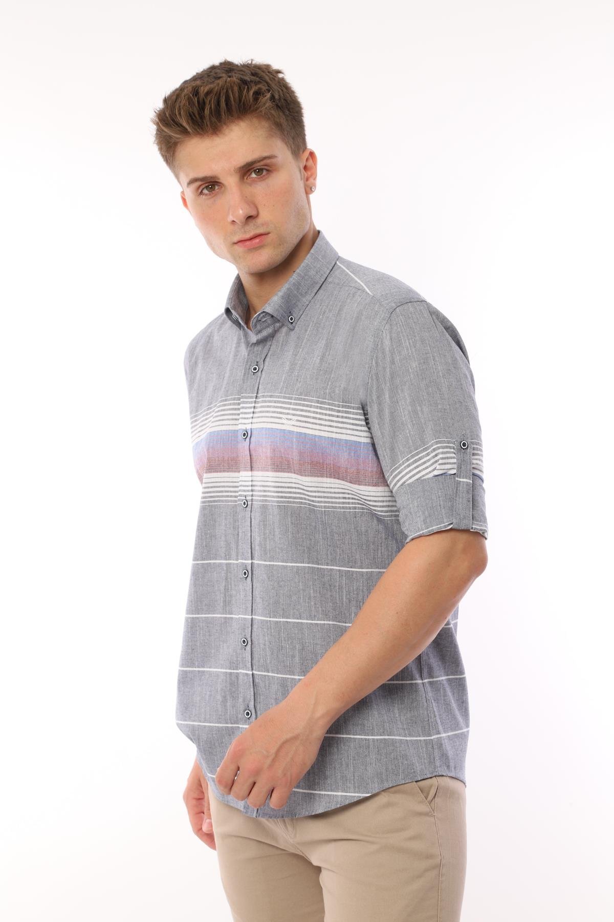 Slim Fit Uzun Kol Panolu Keten Hediye Kutulu Kolay Ütülenebilir Erkek Gömlek FS-002994 - Lacivert