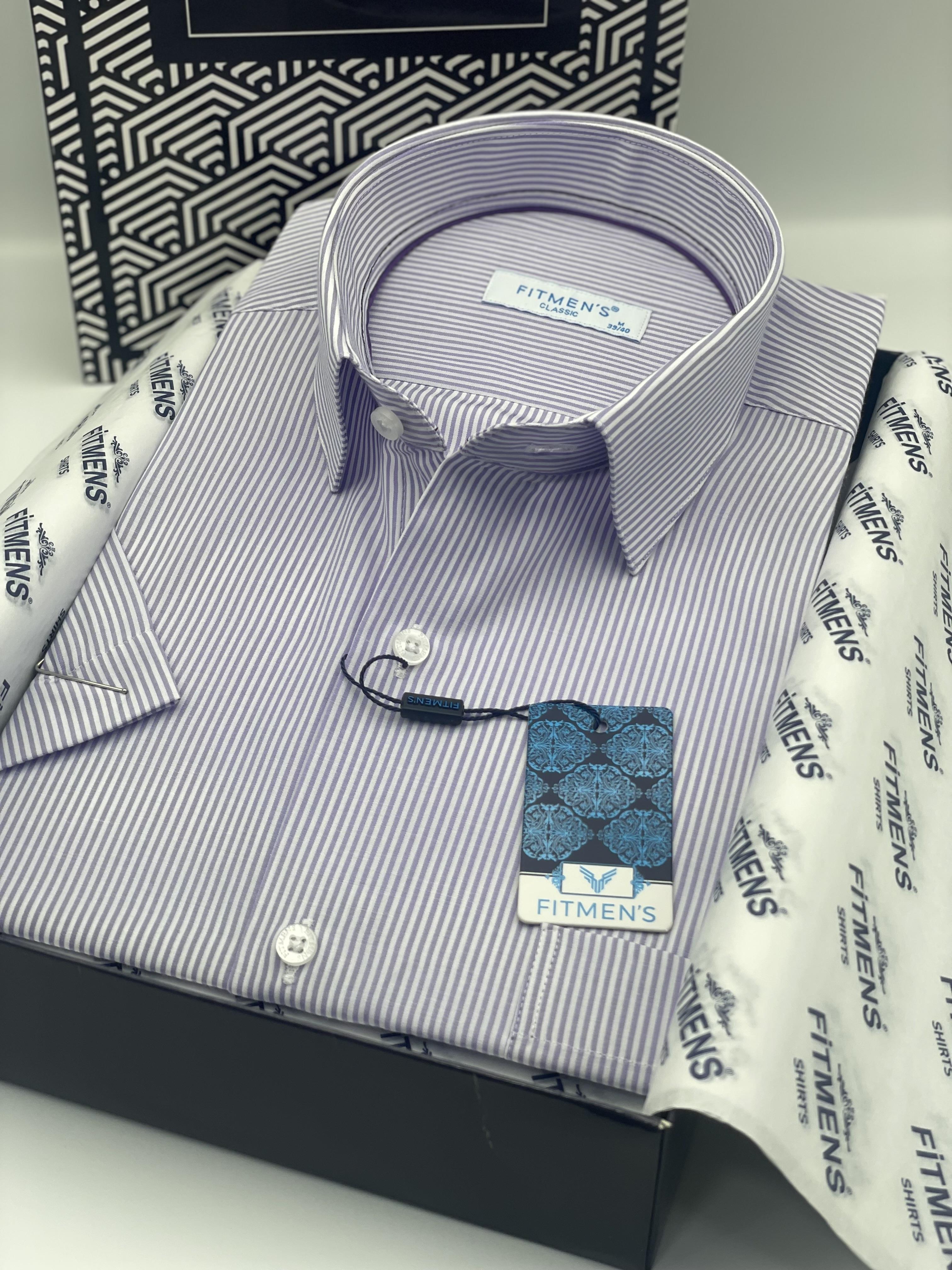 Klasik Kısa Kol Çizgili Hediye Kutulu Erkek Gömlek FS-003005 - Lila