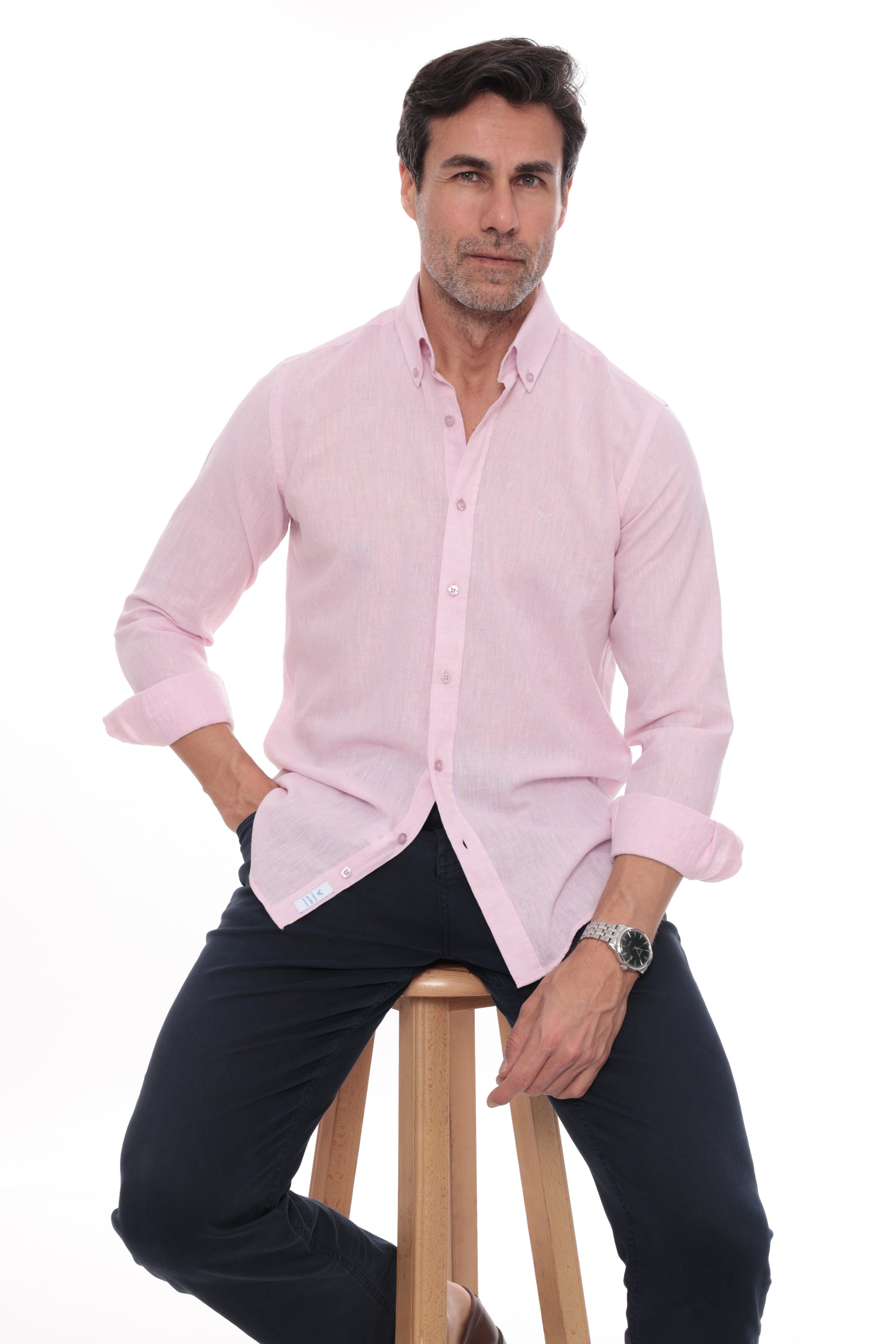 Slim Fit Uzun Kol Yaka Düğmeli Nefes Alan Keten Hediye Kutulu Erkek Gömlek FS-004548 - Pembe