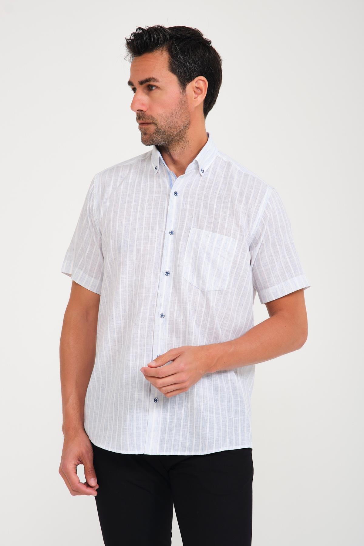 Klasik Kısa Kol Armür Çizgili Flam Keten Düğmeli Yaka Hediye Kutulu Erkek Gömlek FS-000678 - Beyaz Açık Mavi