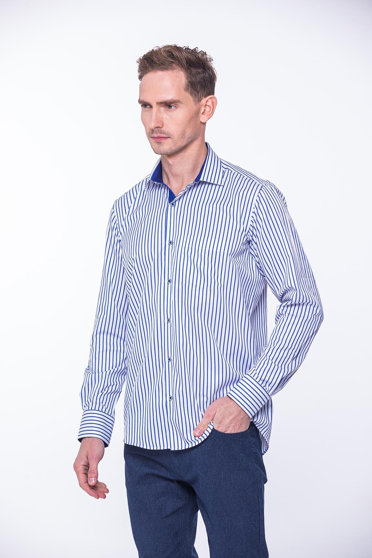 Klasik Uzun Kol Kalın Çizgili Hediye Kutulu Erkek Gömlek FS-001260 - Beyaz Saks Mavi