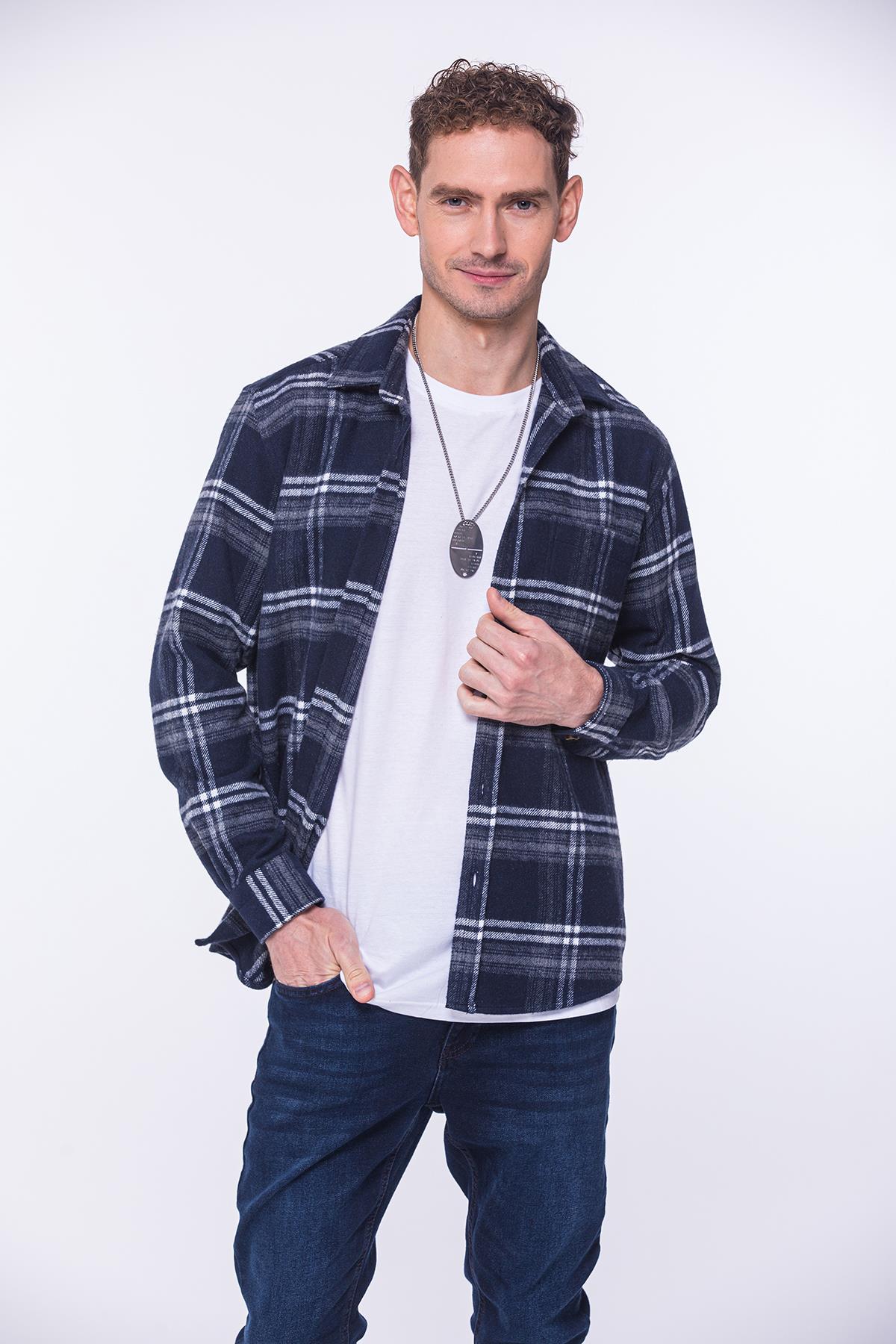 Oversize Oduncu Yumuşak Dokulu %100 Cotton Kareli Hediye Kutulu Erkek Gömlek FS-002169 - Lacivert