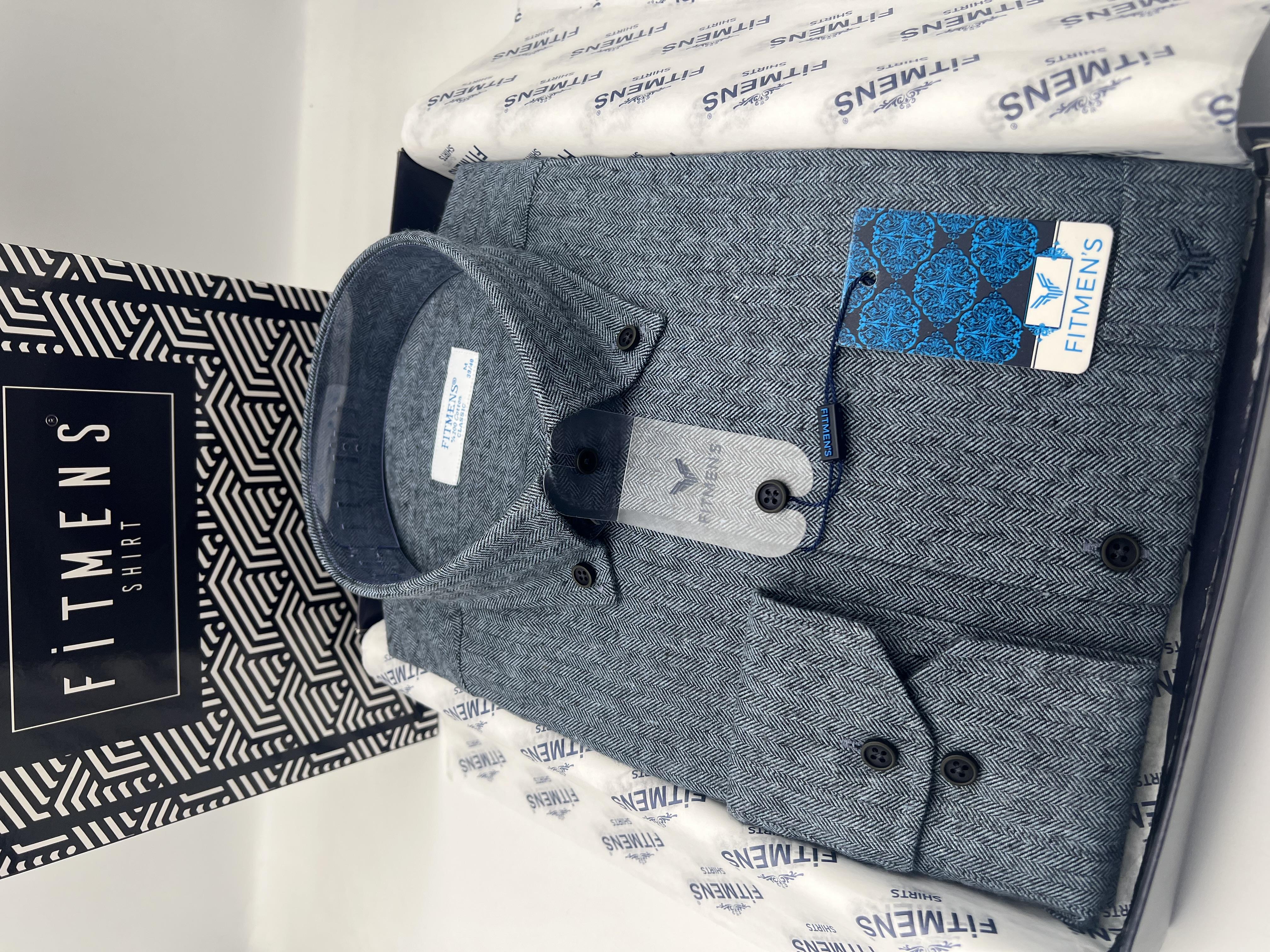 Klasik Uzun Kol Kışlık %100 Cotton Balıksırtı Yaka Düğmeli Hediye Kutulu Erkek Gömlek FS-001991 - İndigo