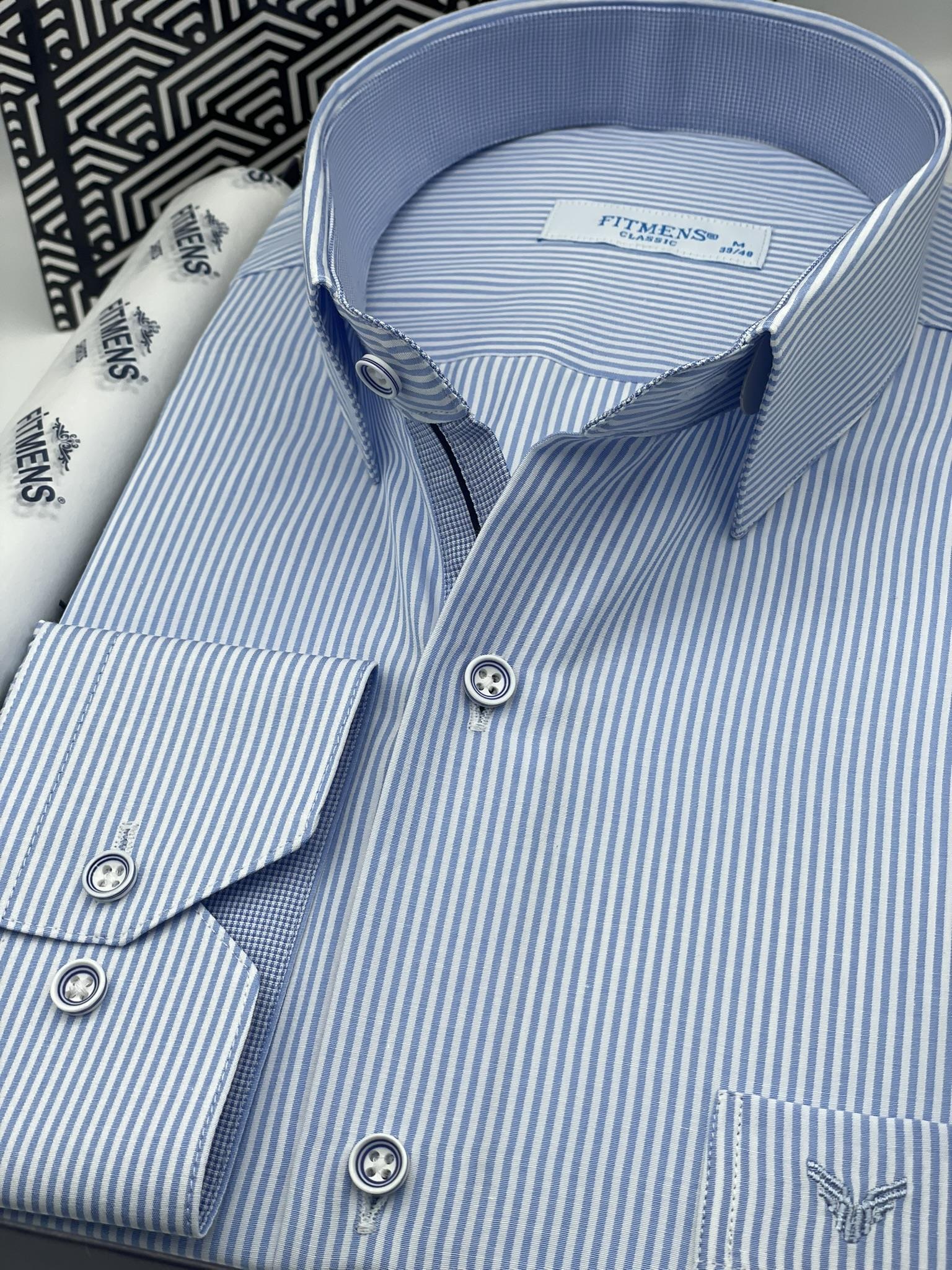 Klasik Uzun Kol İnce Çizgili Cepli Hediye Kutulu Erkek Gömlek FS-003317 - Beyaz Açık Mavi