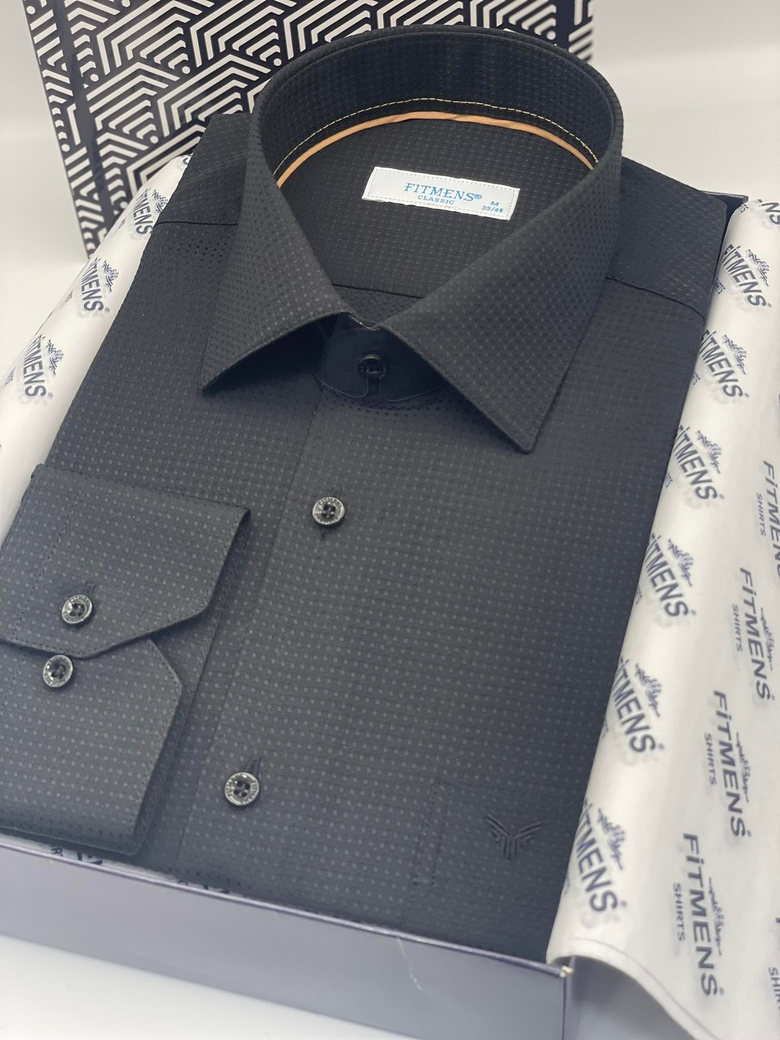Klasik Uzun Kol Kare Armür Desenli Hediye Kutulu Erkek Gömlek FS-002151 - Siyah