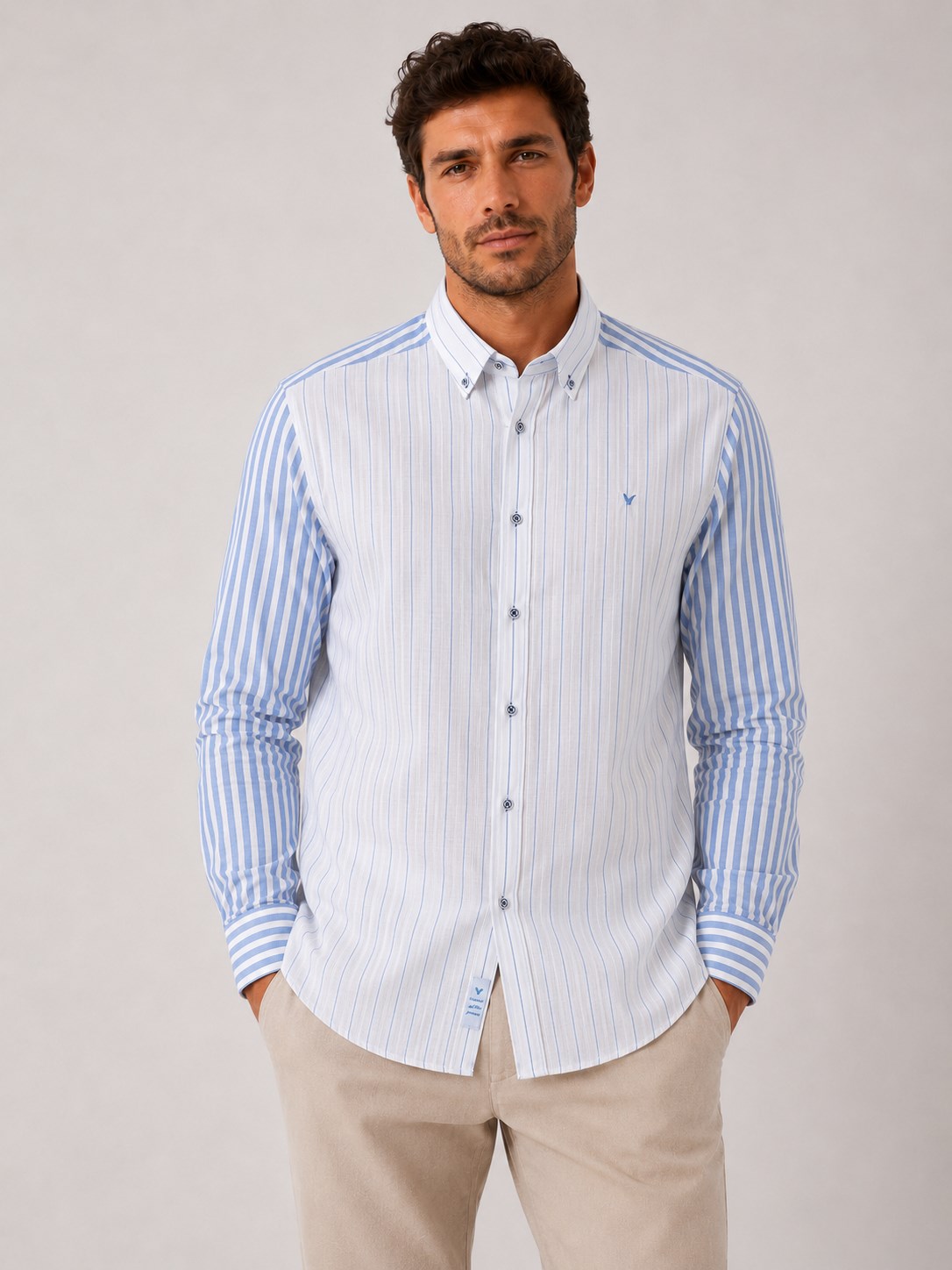 Slim Fit Uzun Kol Keten Likra Çift Desen Cepsiz Hediye Kutulu Erkek Gömlek FS-004577 - Açık Mavi