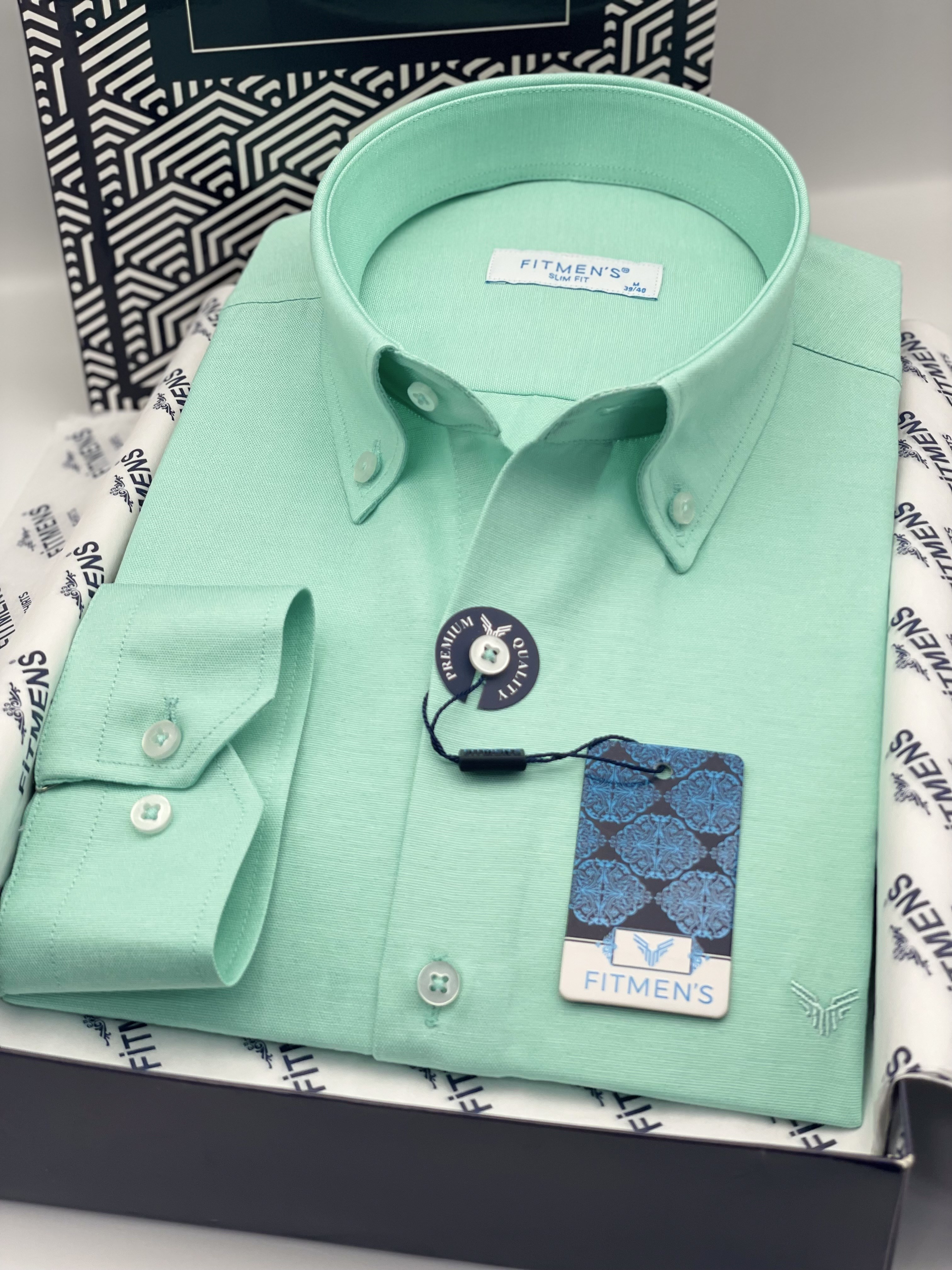 Slim Fit Uzun Kol Pamuklu Hediye Kutulu Kolay Ütülenebilir Erkek Gömlek FS-002225 - Koyu Mint
