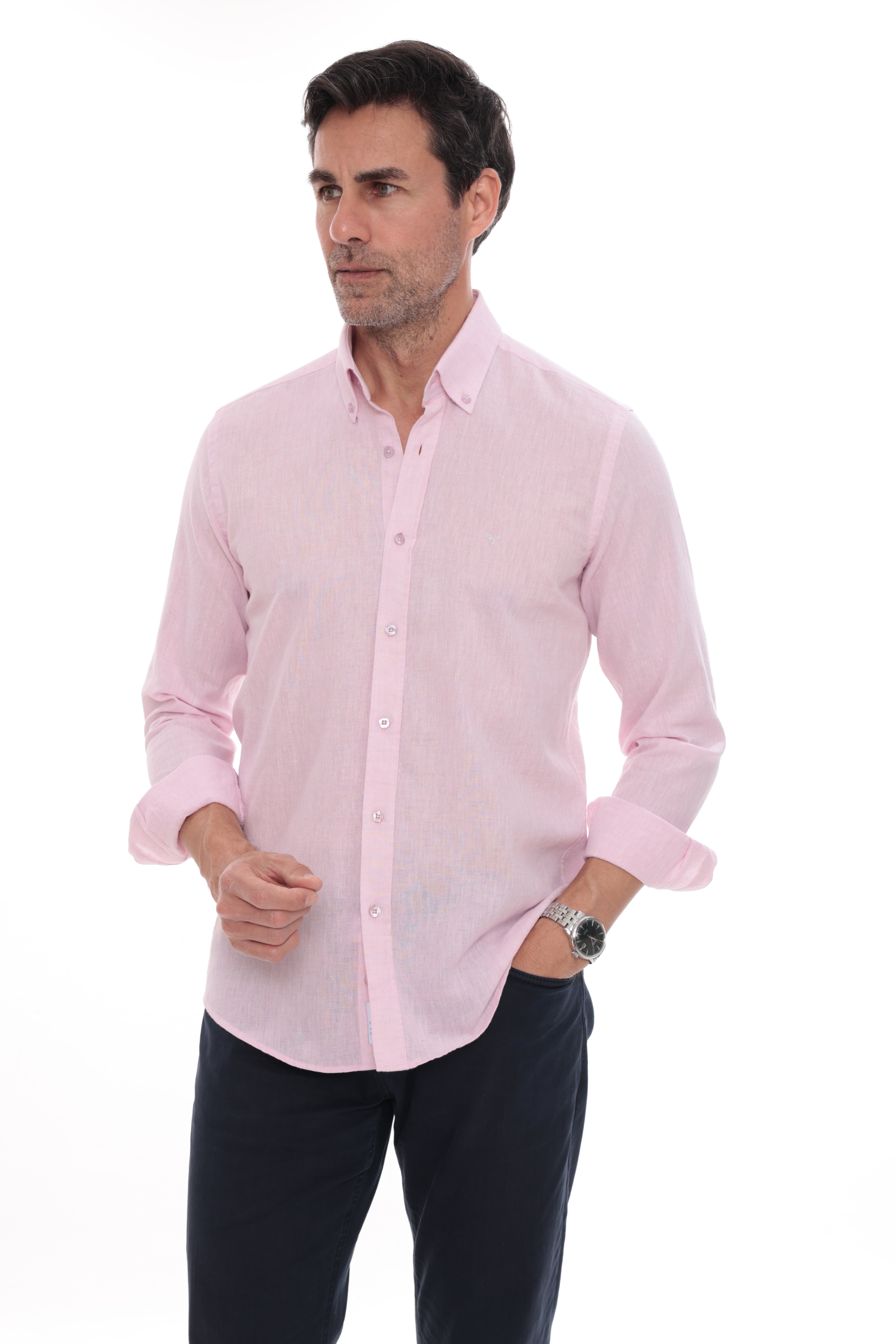Slim Fit Uzun Kol Yaka Düğmeli Nefes Alan Keten Hediye Kutulu Erkek Gömlek FS-004548 - Pembe