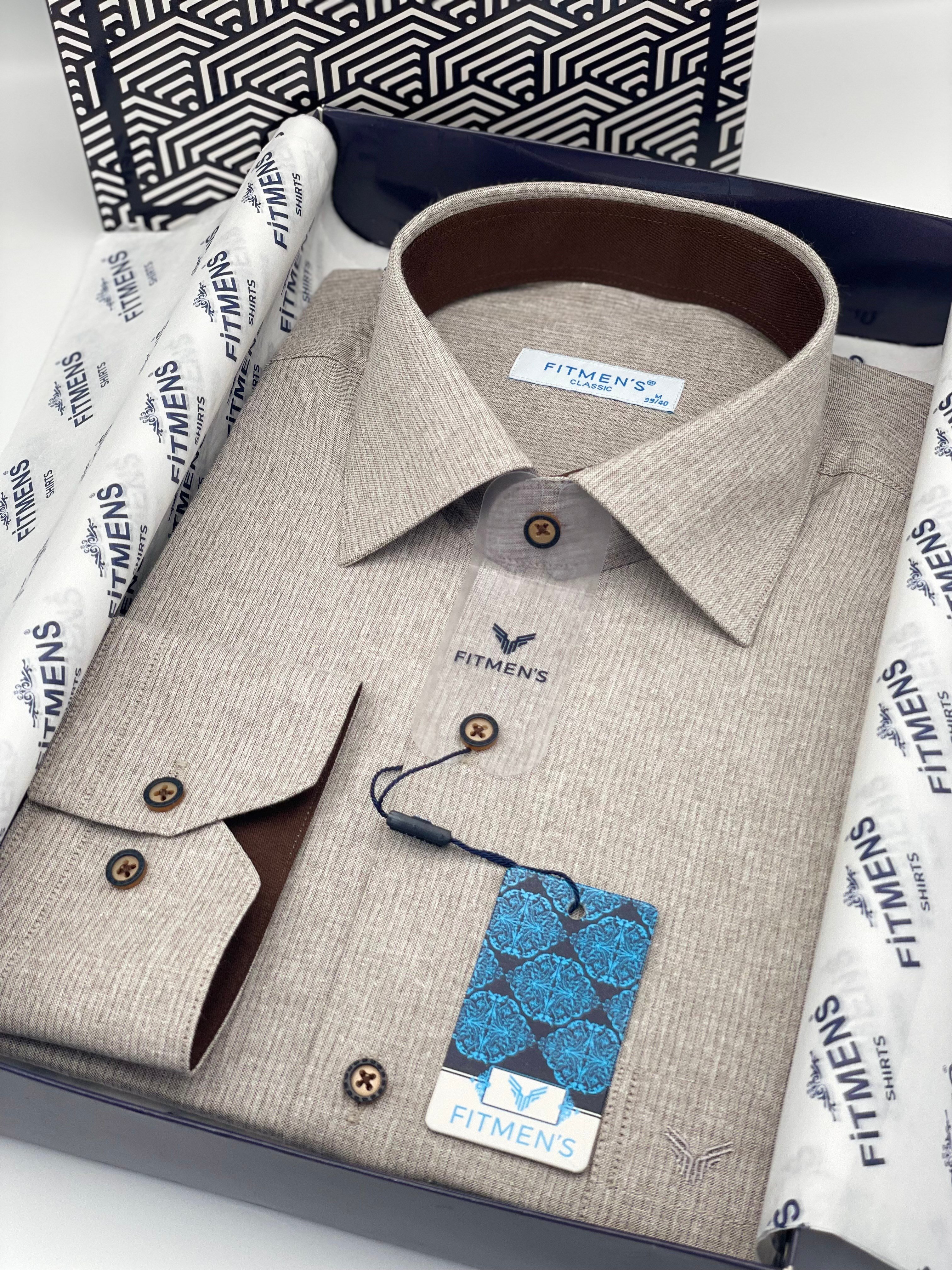 Klasik Uzun Kol Keten Cotton Hediye Kutulu Erkek Gömlek FS-001261 - Bej