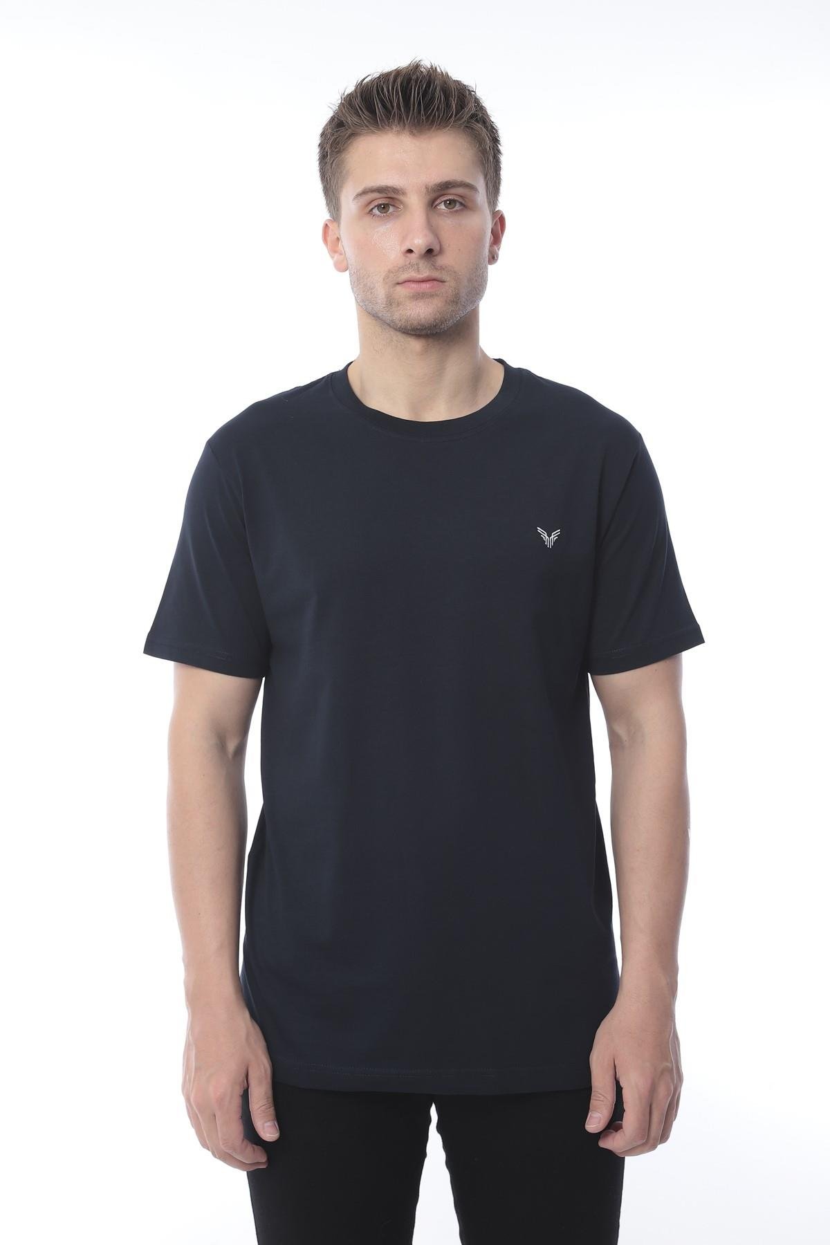 Slim Fit Kısa Kol Nakışlı %100 Pamuklu T-Shirt FS-003011 - Lacivert