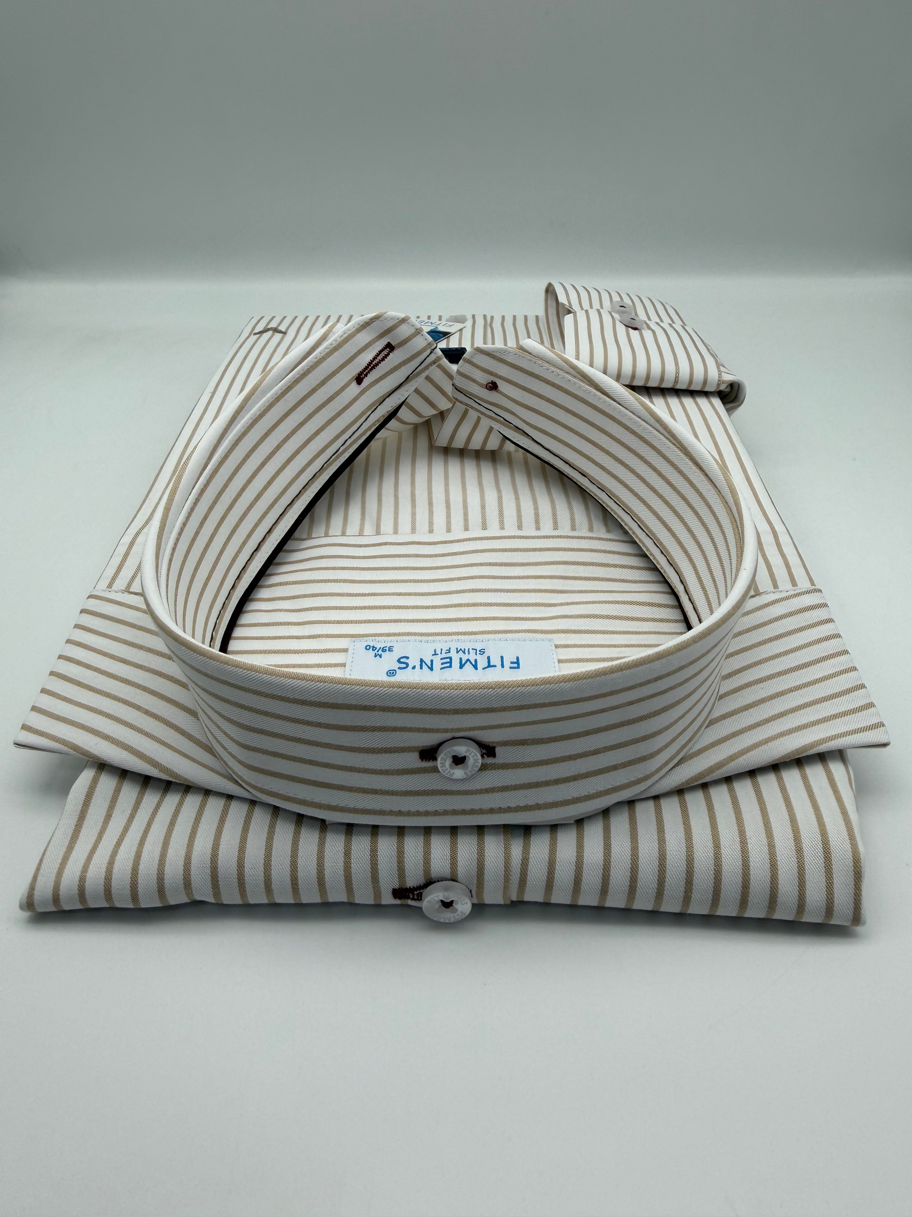 Slim Fit Uzun Kol Premium Çizgili Yaka Düğmeli Hediye Kutulu Erkek Gömlek FS-004440 - Bej