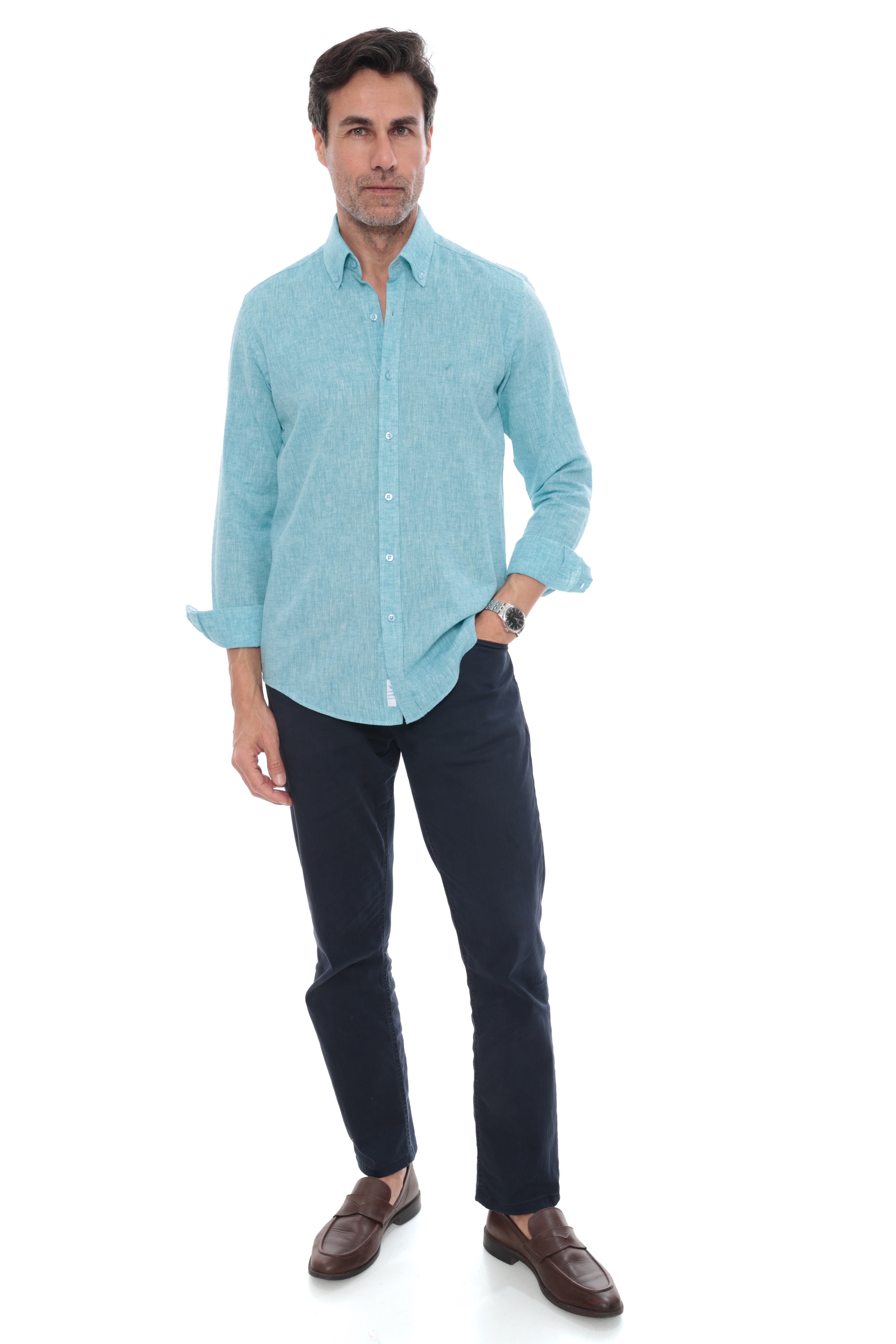 Slim Fit Uzun Kol Yaka Düğmeli Nefes Alan Keten Hediye Kutulu Erkek Gömlek FS-004548 - Koyu Mint