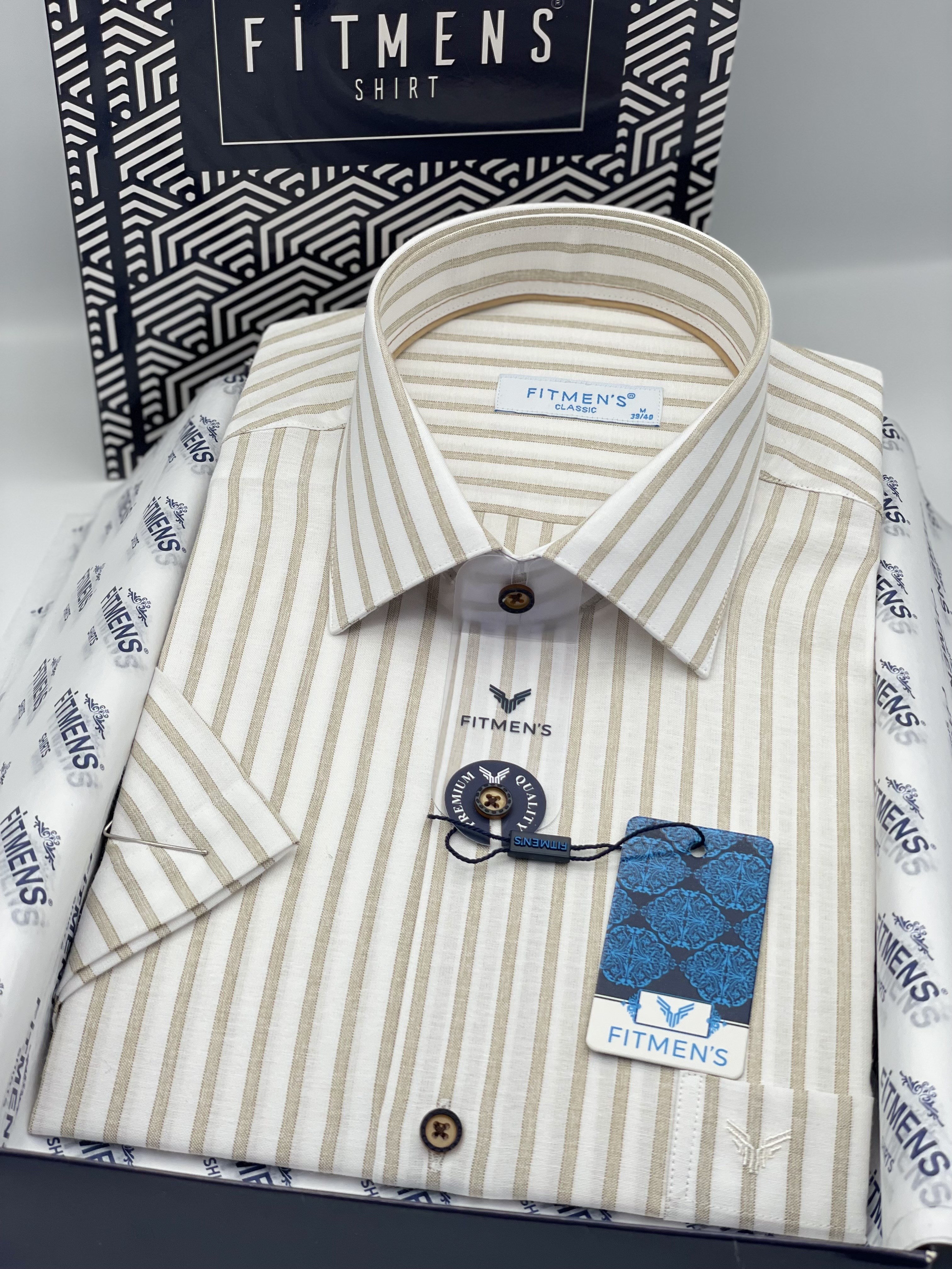 Klasik Kısa Kol Keten Cotton Nefes Alan Kumaş Hediye Kutulu Erkek Gömlek FS-004571 - Bej