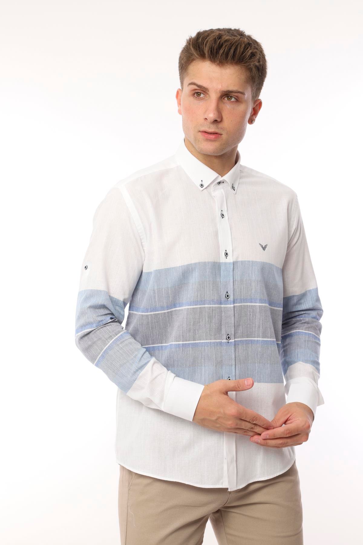 Slim Fit Uzun Kol Panolu Keten Hediye Kutulu Kolay Ütülenebilir Erkek Gömlek FS-002995 - Lacivert