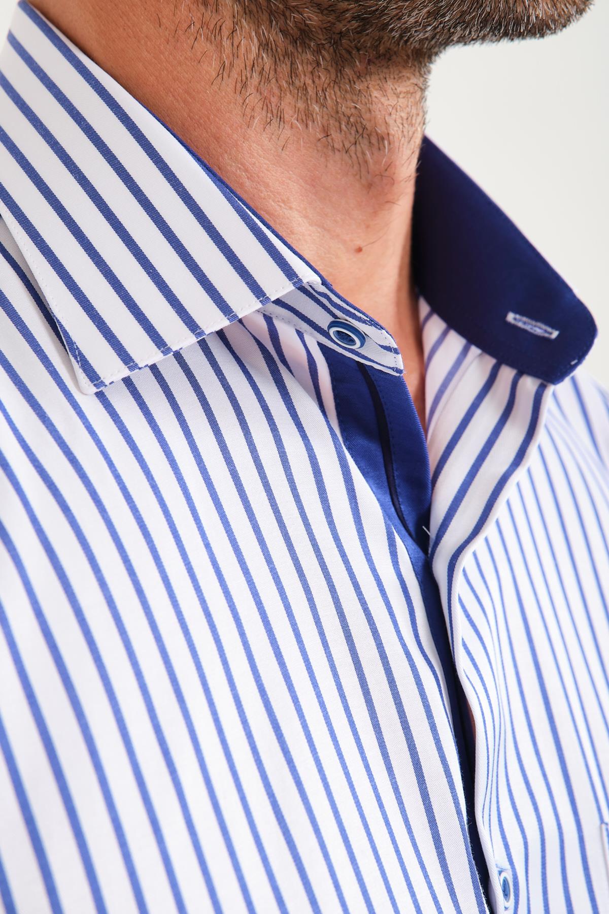 Klasik Kısa Kol Kalın Çizgili Hediye Kutulu Erkek Gömlek FS-000702 - Beyaz Saks Mavi