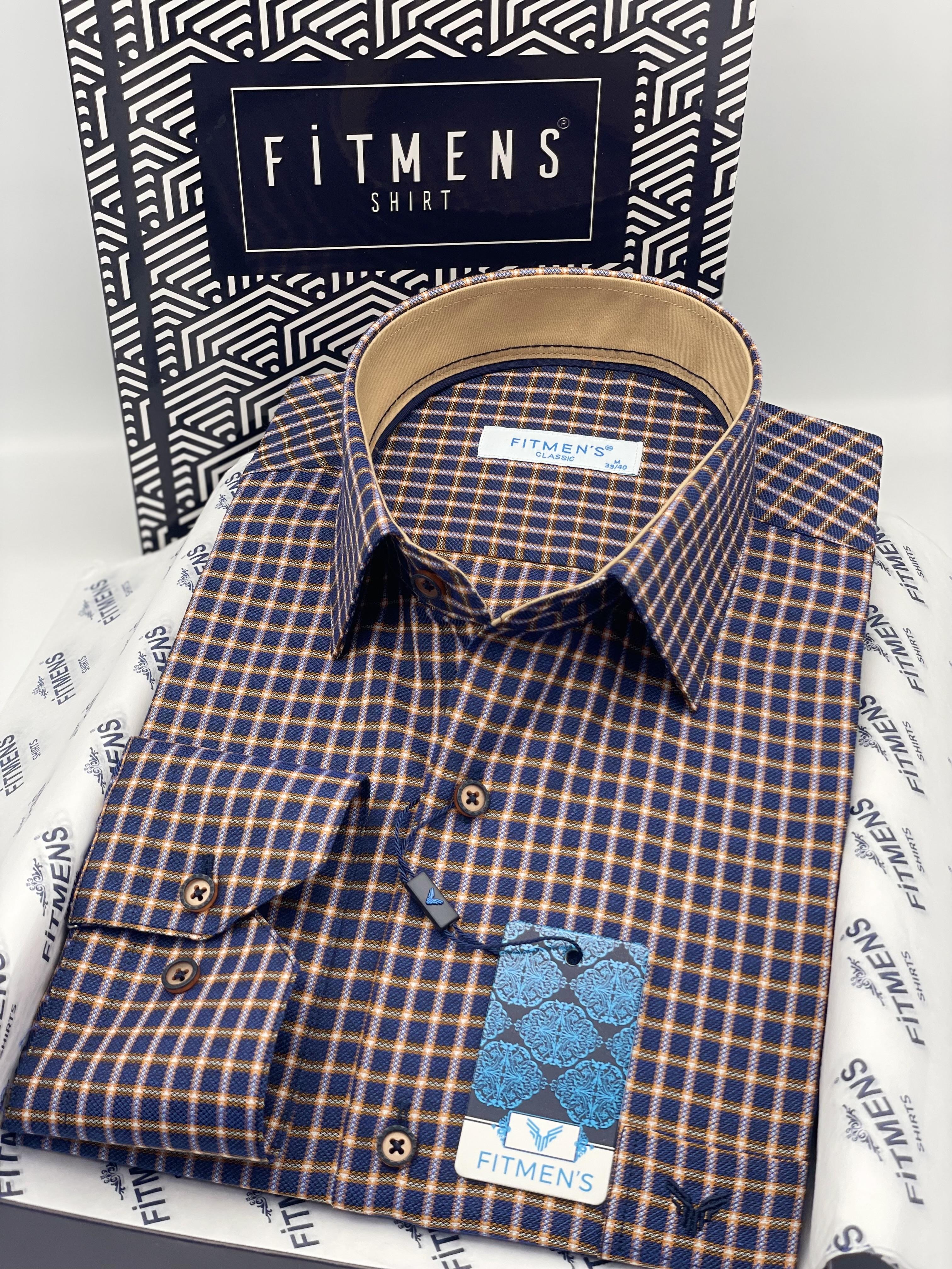 Klasik Geniş Kesim Uzun Kol Elegance Kareli Yaka Düğmeli Hediye Kutulu Erkek Gömlek FS-004341 - Lacivert Bej