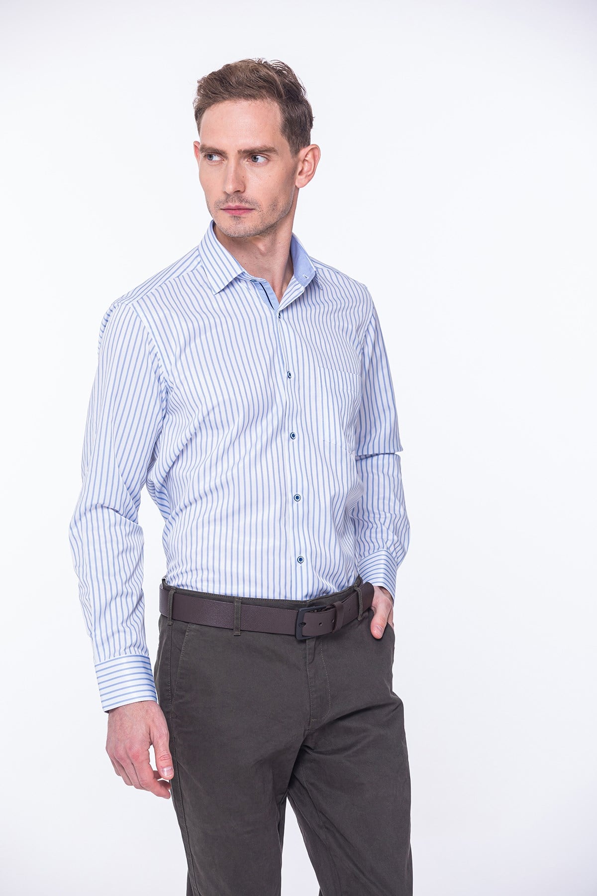 Klasik Uzun Kol Kalın Çizgili Hediye Kutulu Erkek Gömlek FS-001260 - Beyaz Açık Mavi