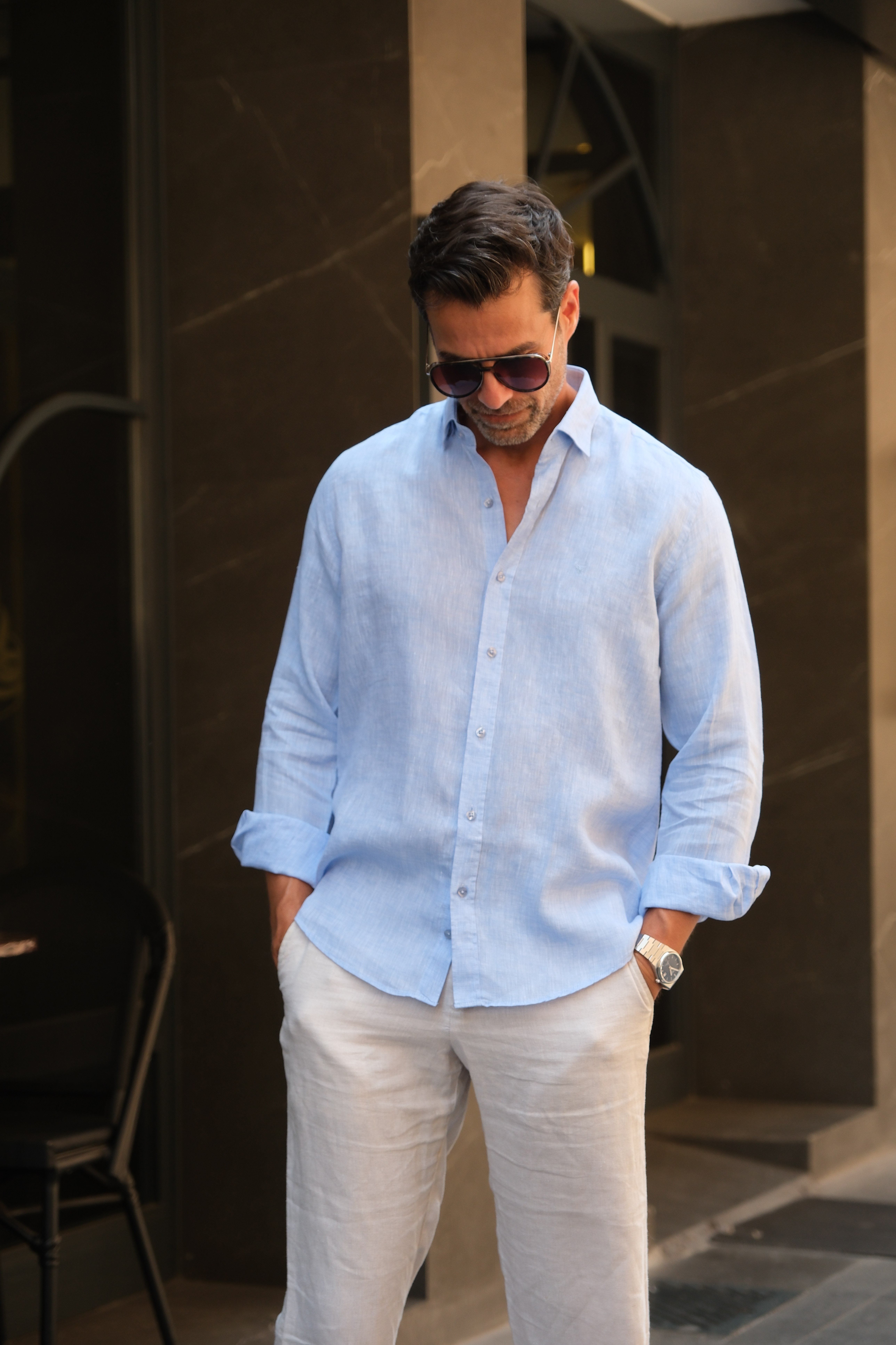 Slim Fit Uzun Kol %100 Keten Nefes Alabilen Kumaştan Hediye Kutulu Erkek Gömlek FS-004170 - Mavi