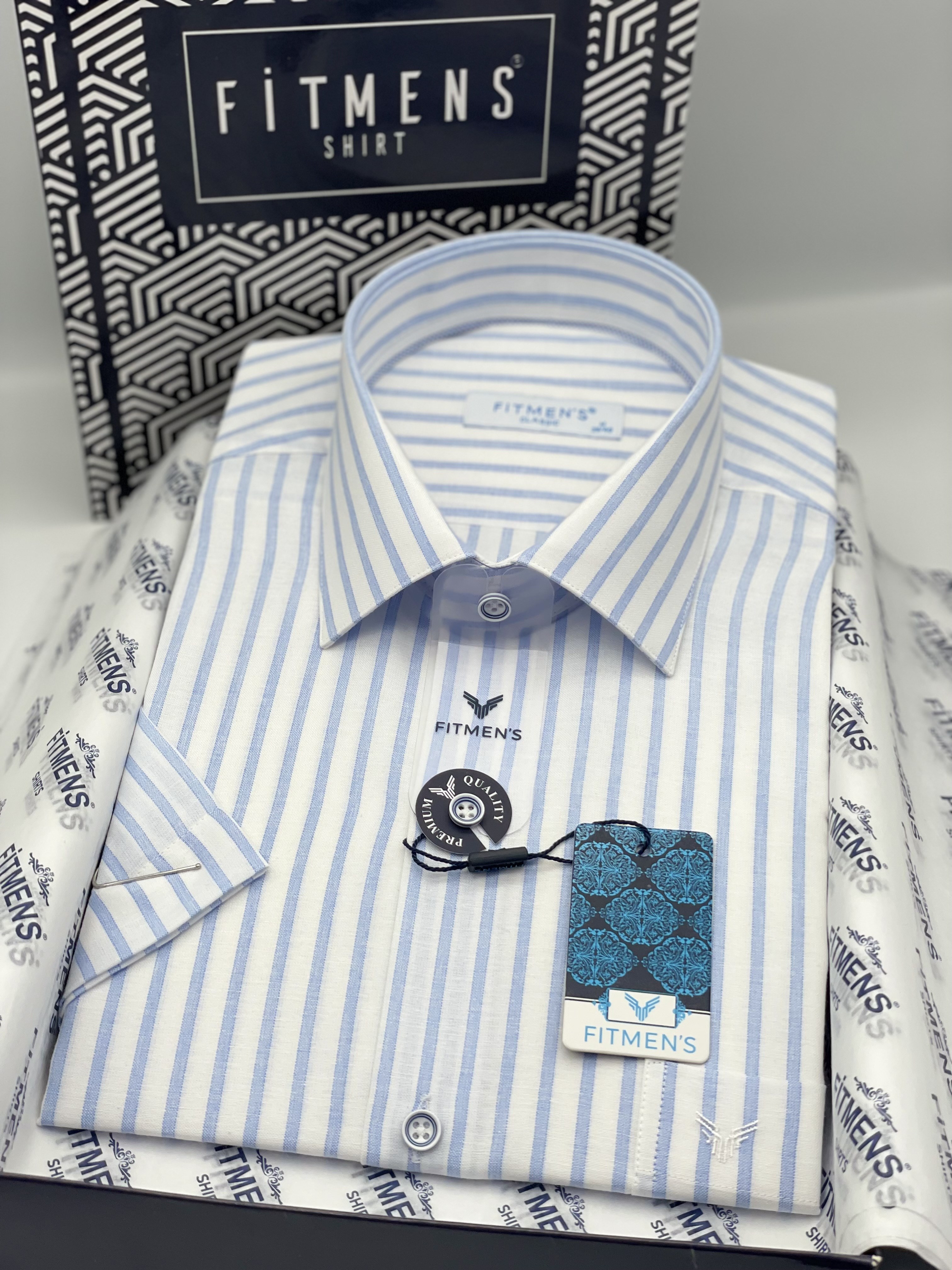 Klasik Kısa Kol Keten Cotton Nefes Alan Kumaş Hediye Kutulu Erkek Gömlek FS-004571 - Açık Mavi