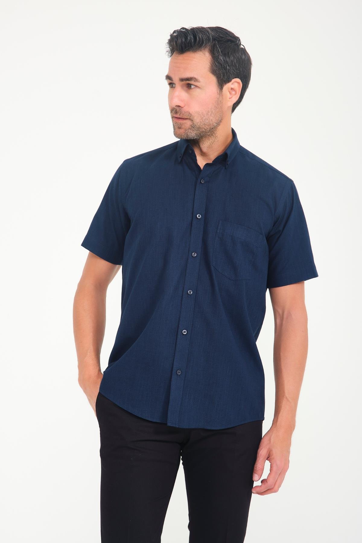 Klasik Kısa Kol Linen Keten Yaka Düğmeli Hediye Kutulu Erkek Gömlek FS-001202 - Lacivert