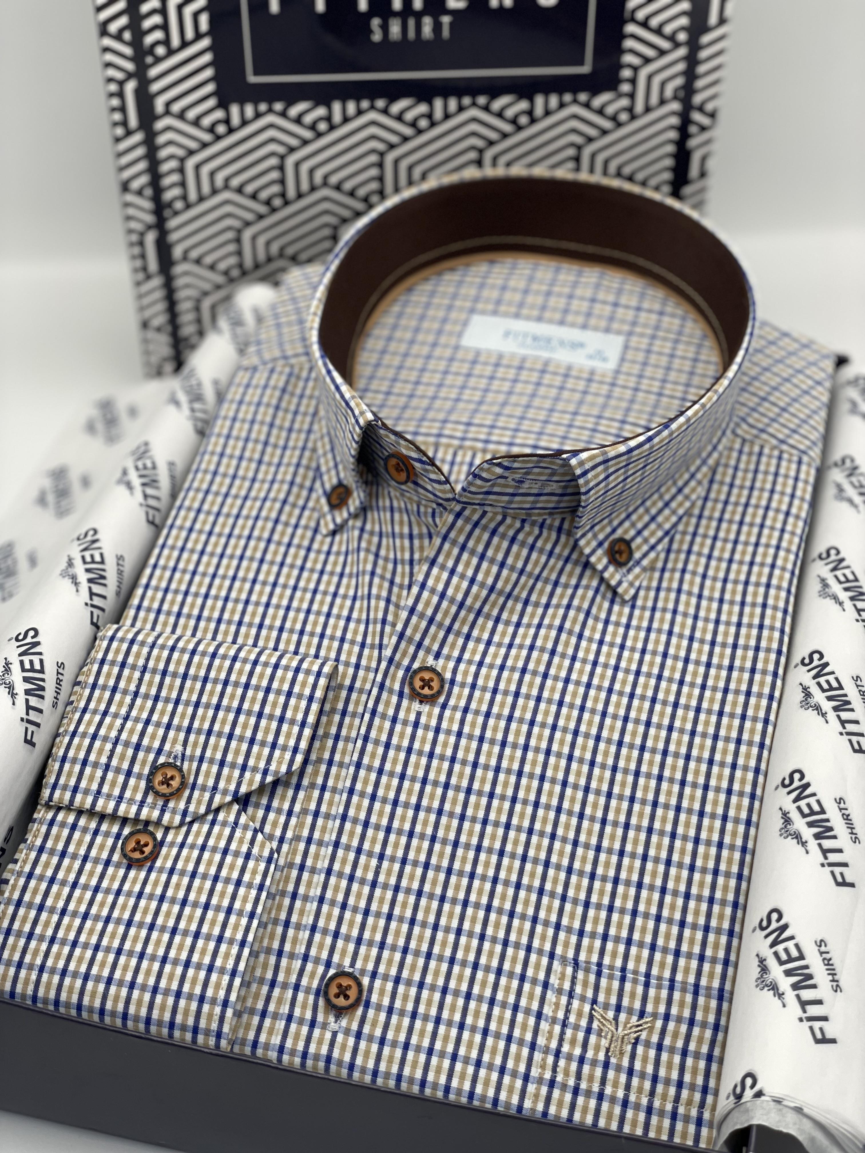 Klasik Uzun Kol Yaka Düğmeli Pöti Kareli Hediye Kutulu Erkek Gömlek FS-003774 - Bej