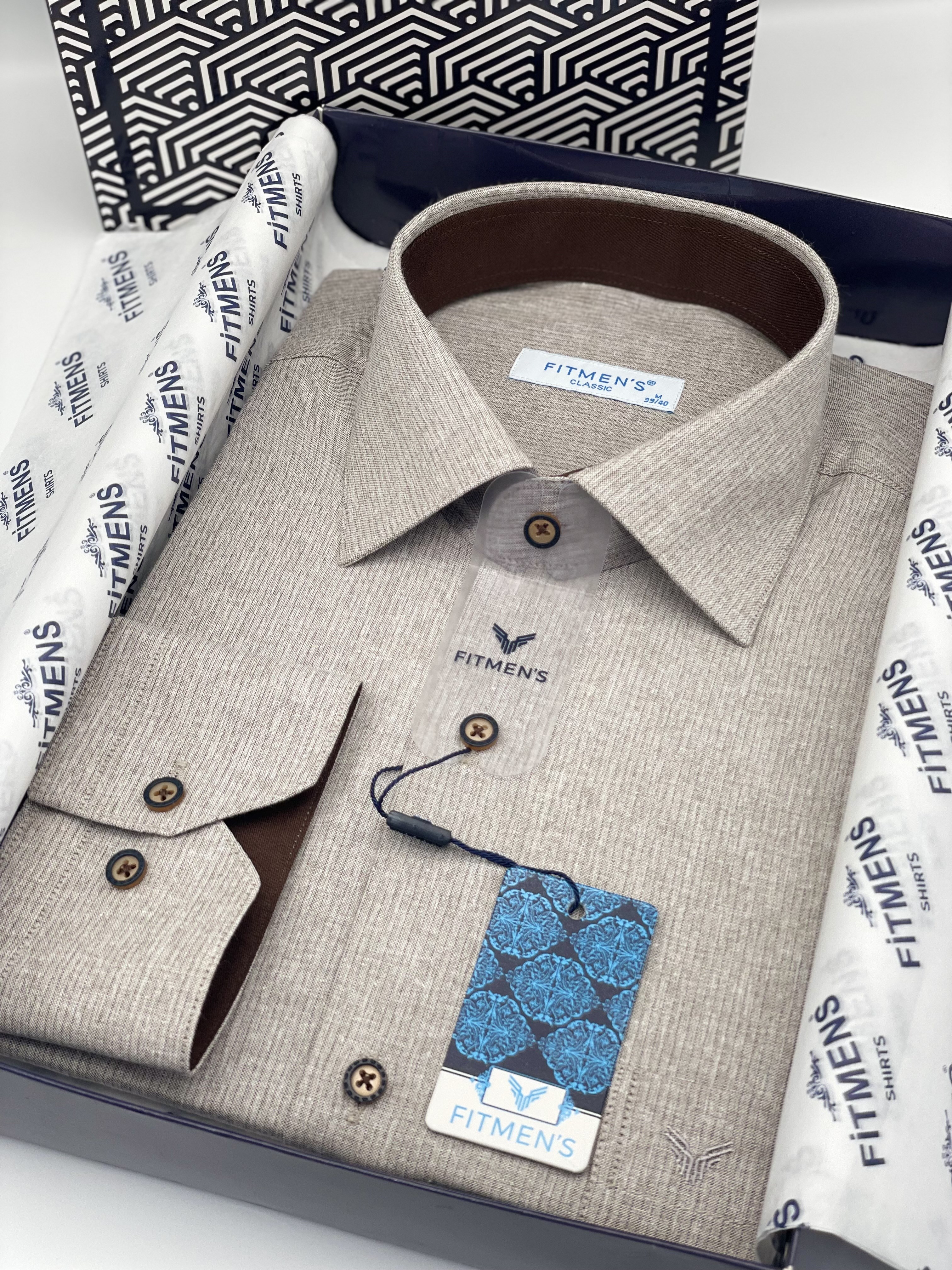 Klasik Uzun Kol Keten Cotton Hediye Kutulu Erkek Gömlek FS-001261 - Bej