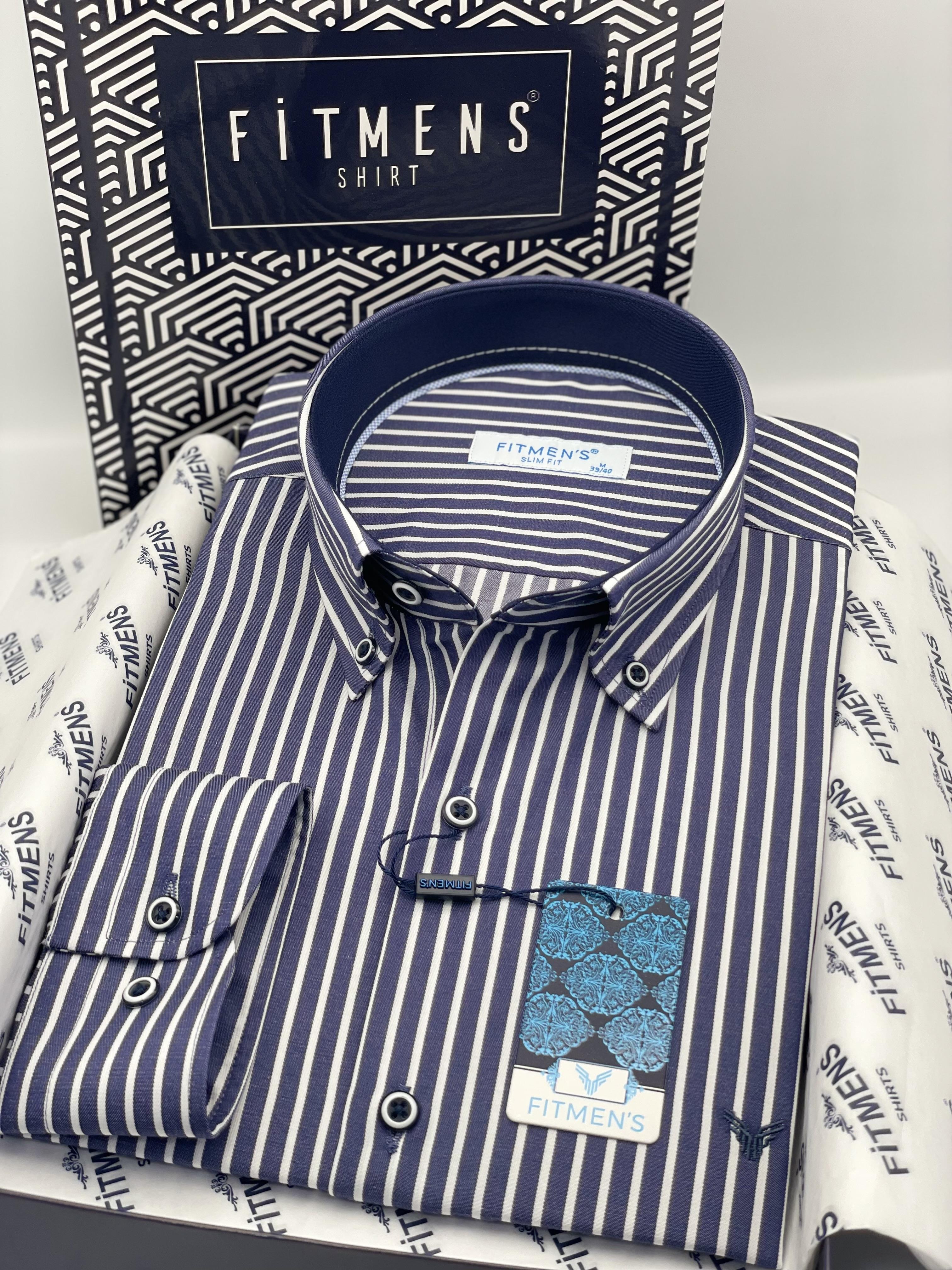 Slim Fit Uzun Kol Premium Kalın Çizgili Yaka Düğmeli Hediye Kutulu Kolay Ütülenebilir Erkek Gömlek FS-001375 - Lacivert