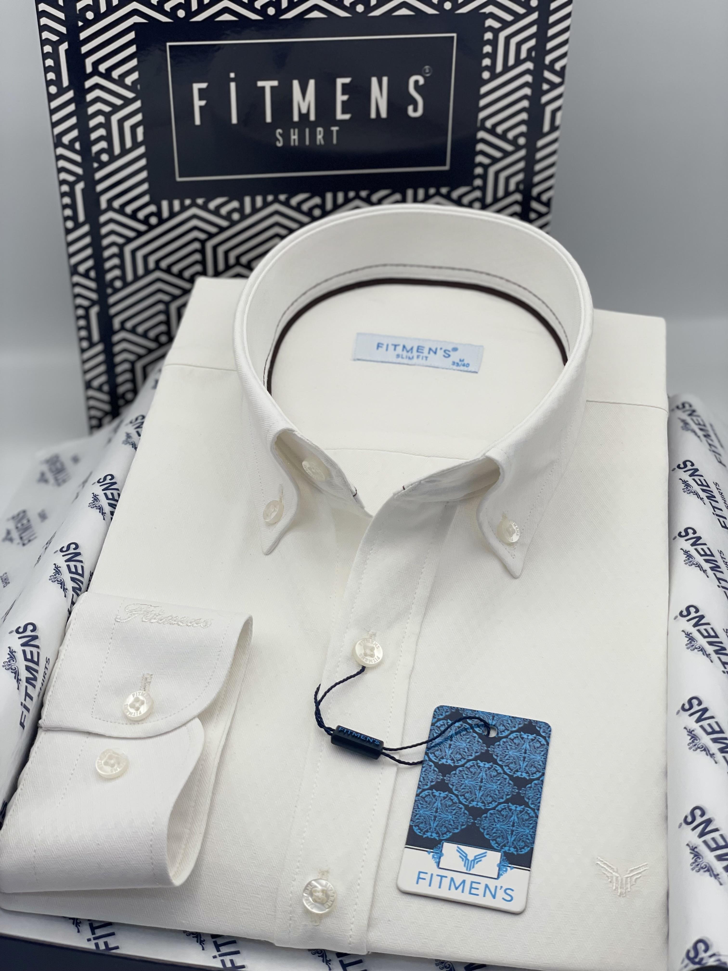 Slim Fit Uzun Kol Baklava Desen Kol Nakışlı Yaka Düğmeli Hediye Kutulu Şık Erkek Gömlek FS-004200 - Krem