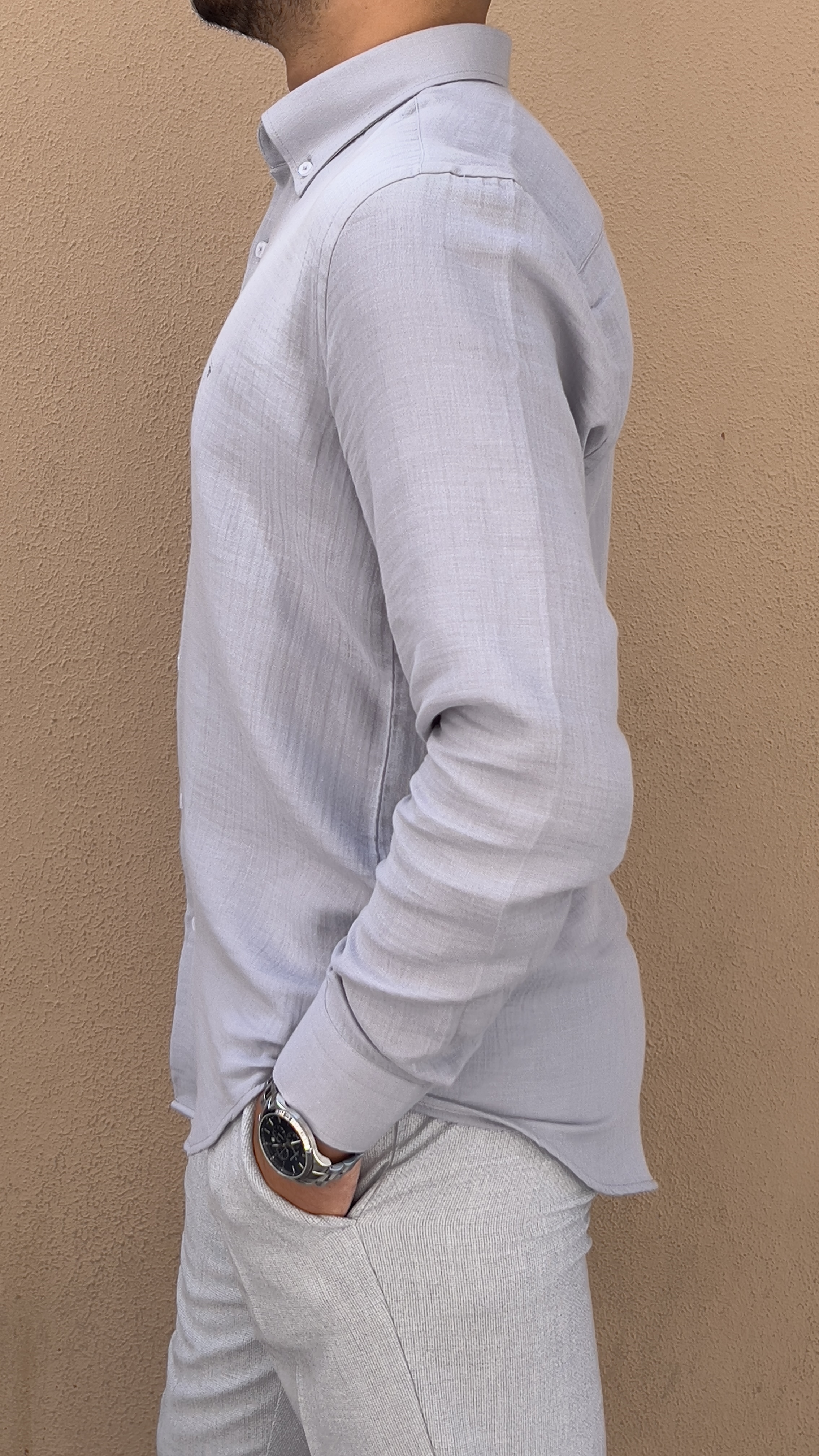 Slim Fit Uzun Kol Müslin Pamuk Rahat Nefes Alabilen Kumaştan Yaka Düğmeli Hediye Kutulu Erkek Gömlek FS-004202 - Gri