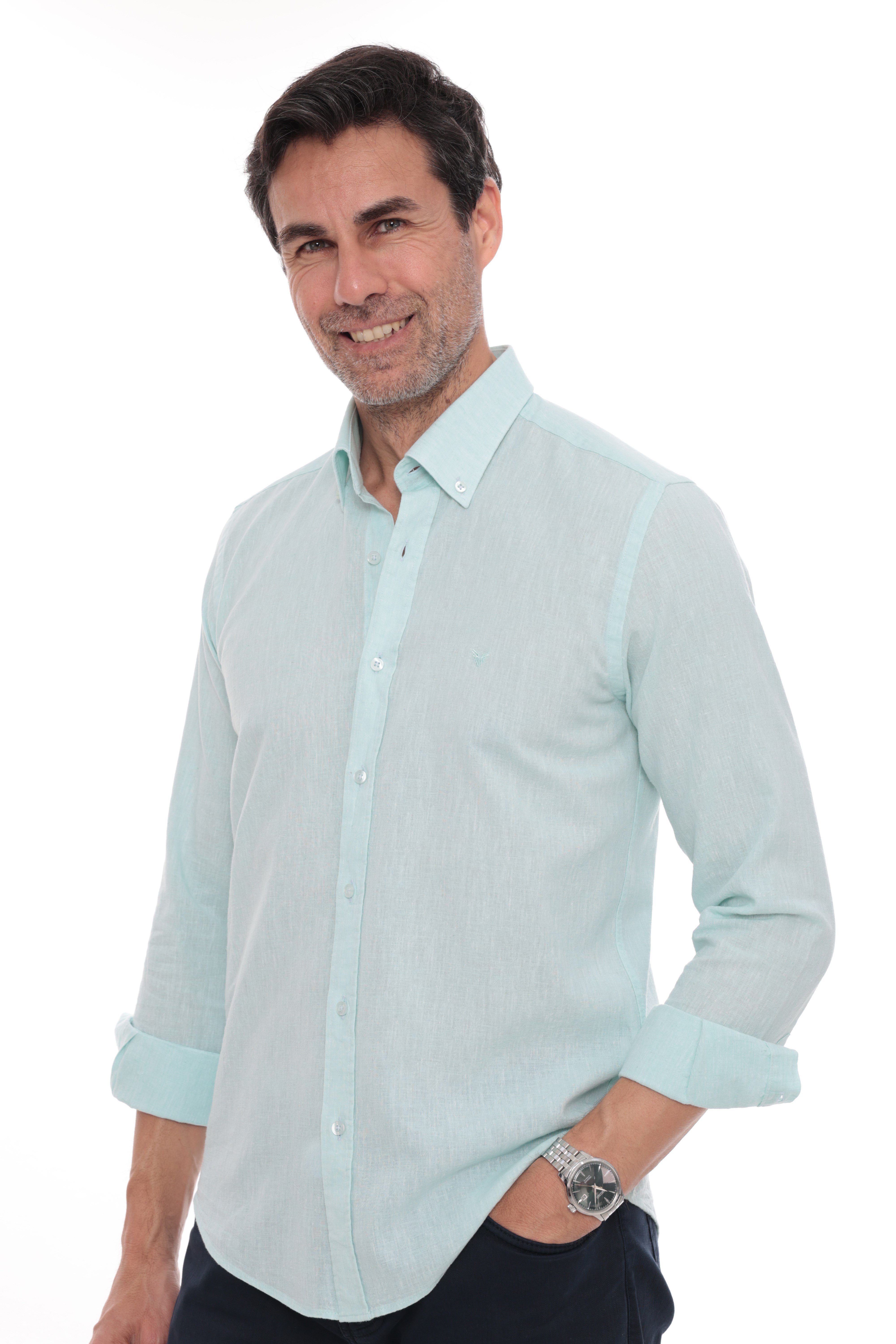 Slim Fit Uzun Kol Yaka Düğmeli Nefes Alan Keten Hediye Kutulu Erkek Gömlek FS-004548 - Mint